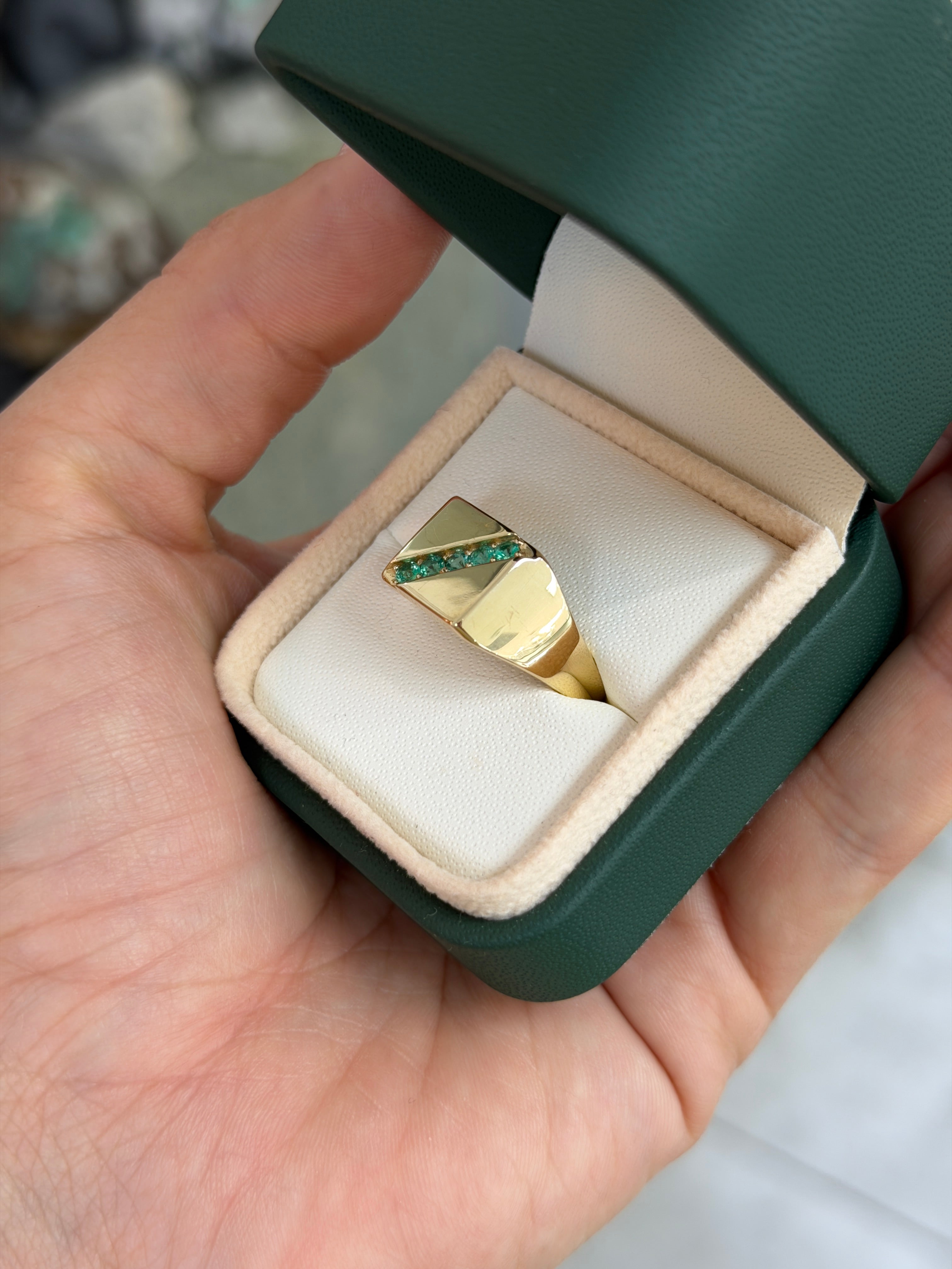 0.35tcw 14K Round Emerald Channel Set Mens Signet Ring - JR Colombian Emeralds