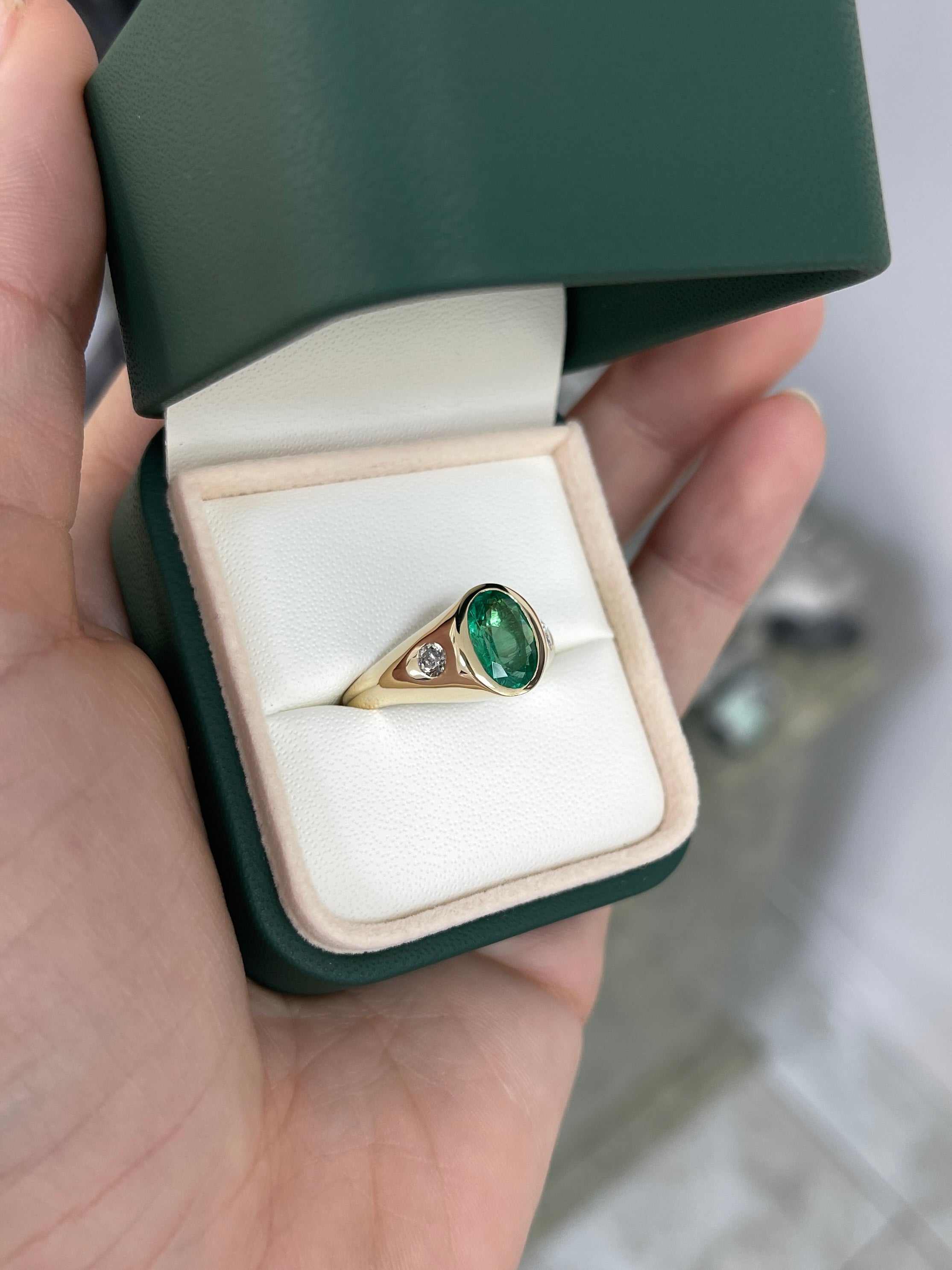 2.21tcw Three Stone Natural Top Vivid Green Oval Emerald & Diamond Men's Ring 14K