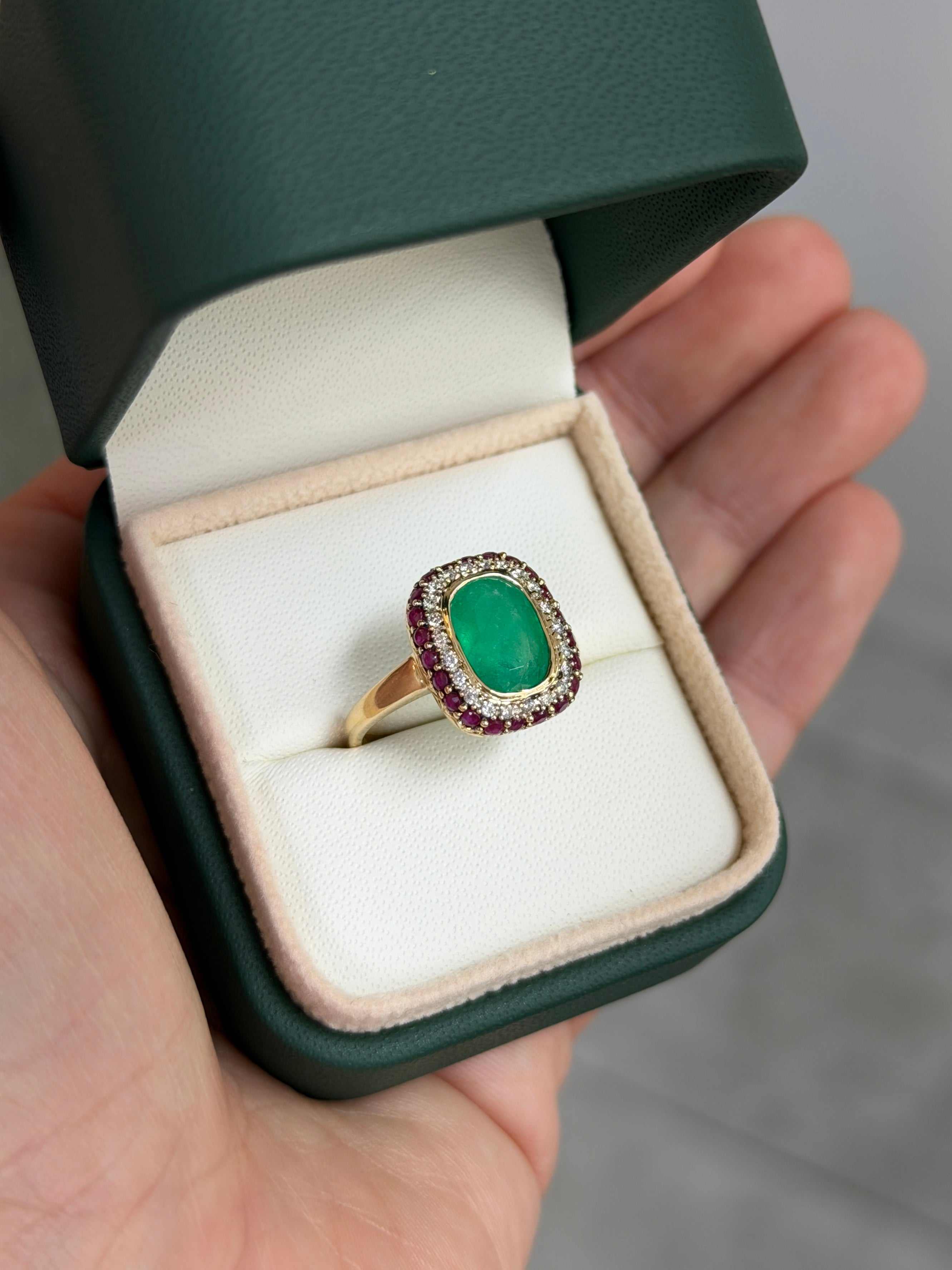 3.51tcw Cushion Cut Colombian Emerald & Ruby + Diamond Halo 14K Ring