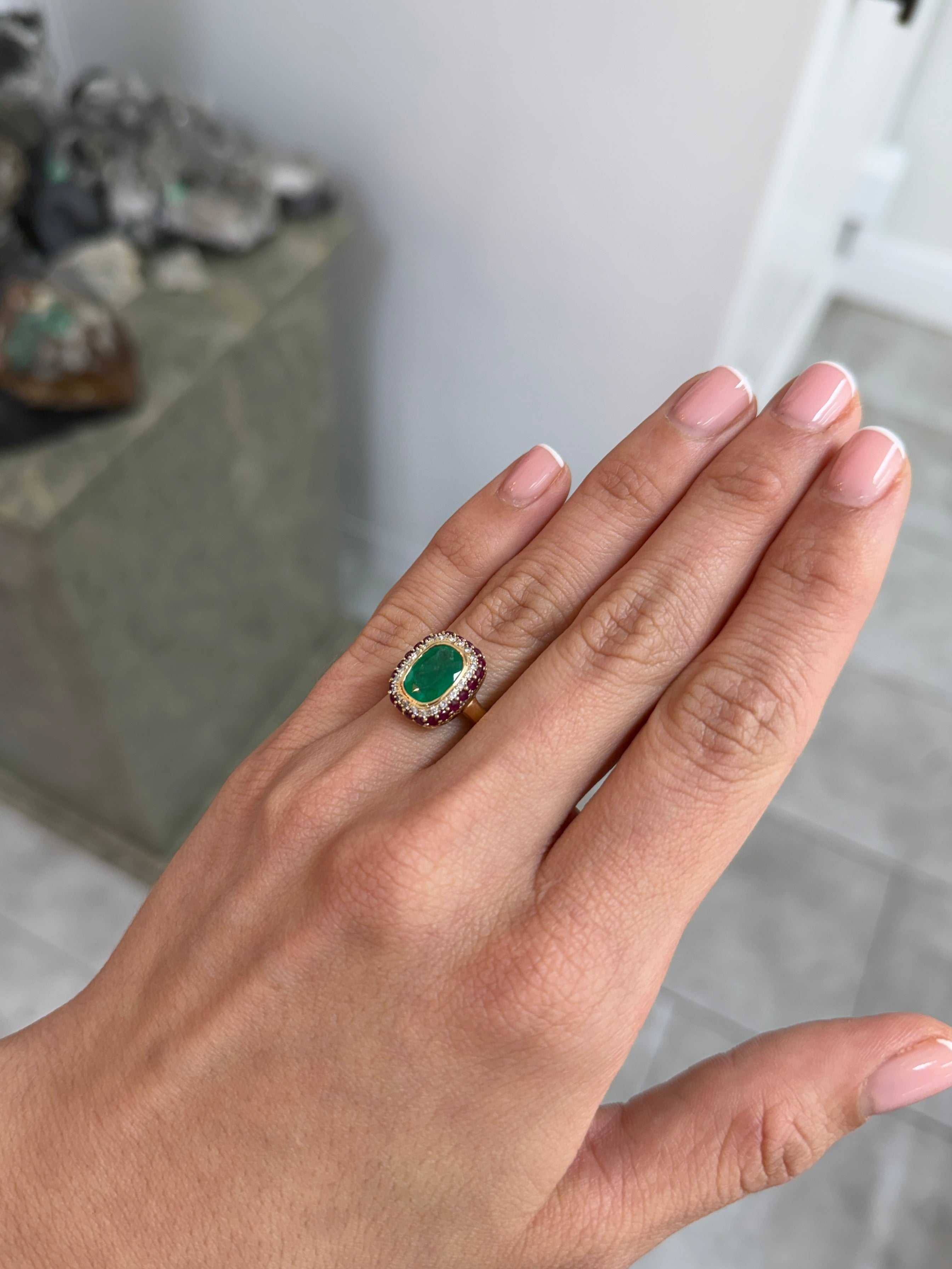 3.51tcw Cushion Cut Colombian Emerald & Ruby + Diamond Halo 14K Ring