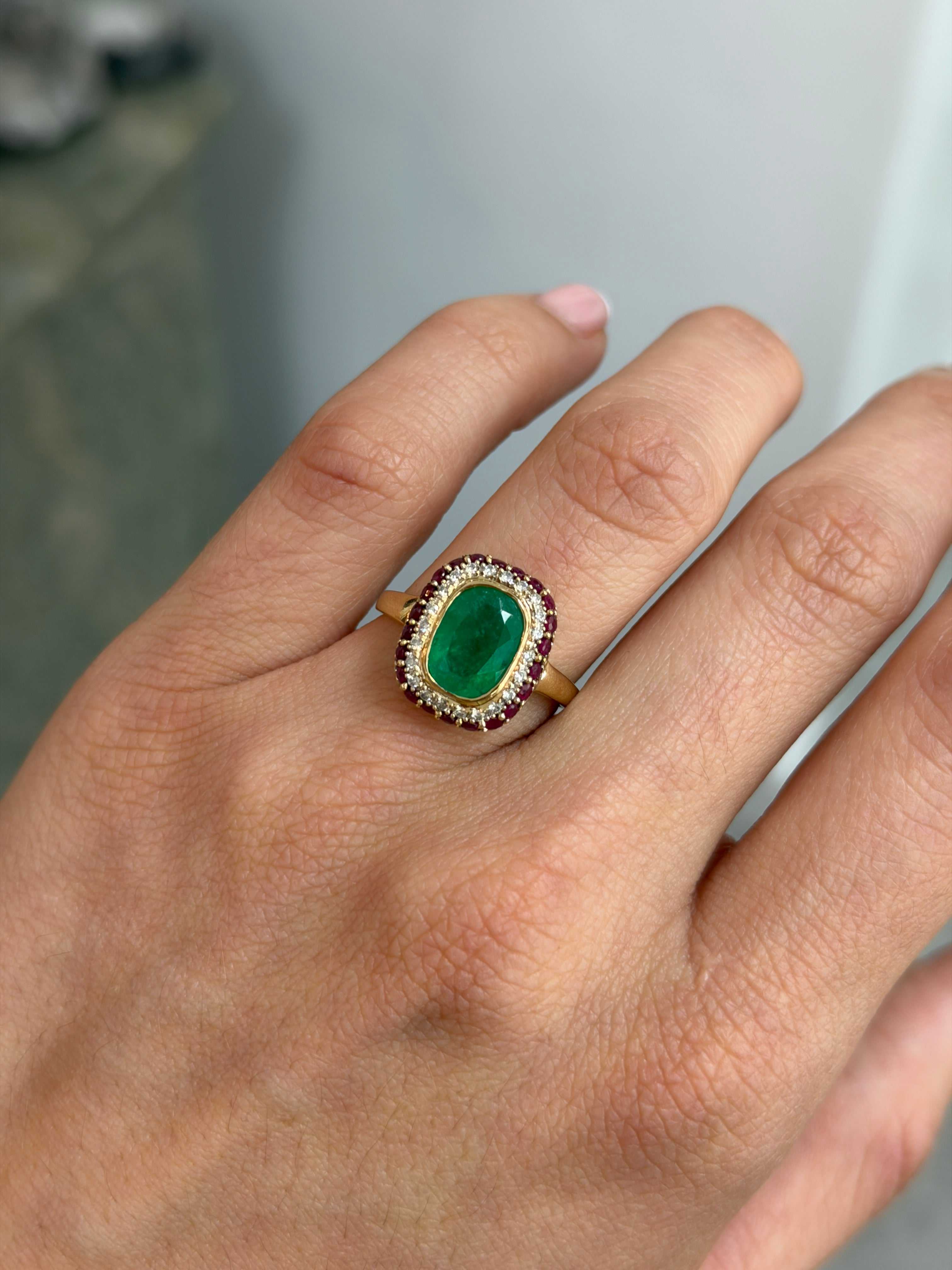 3.51tcw Cushion Cut Colombian Emerald & Ruby + Diamond Halo 14K Ring