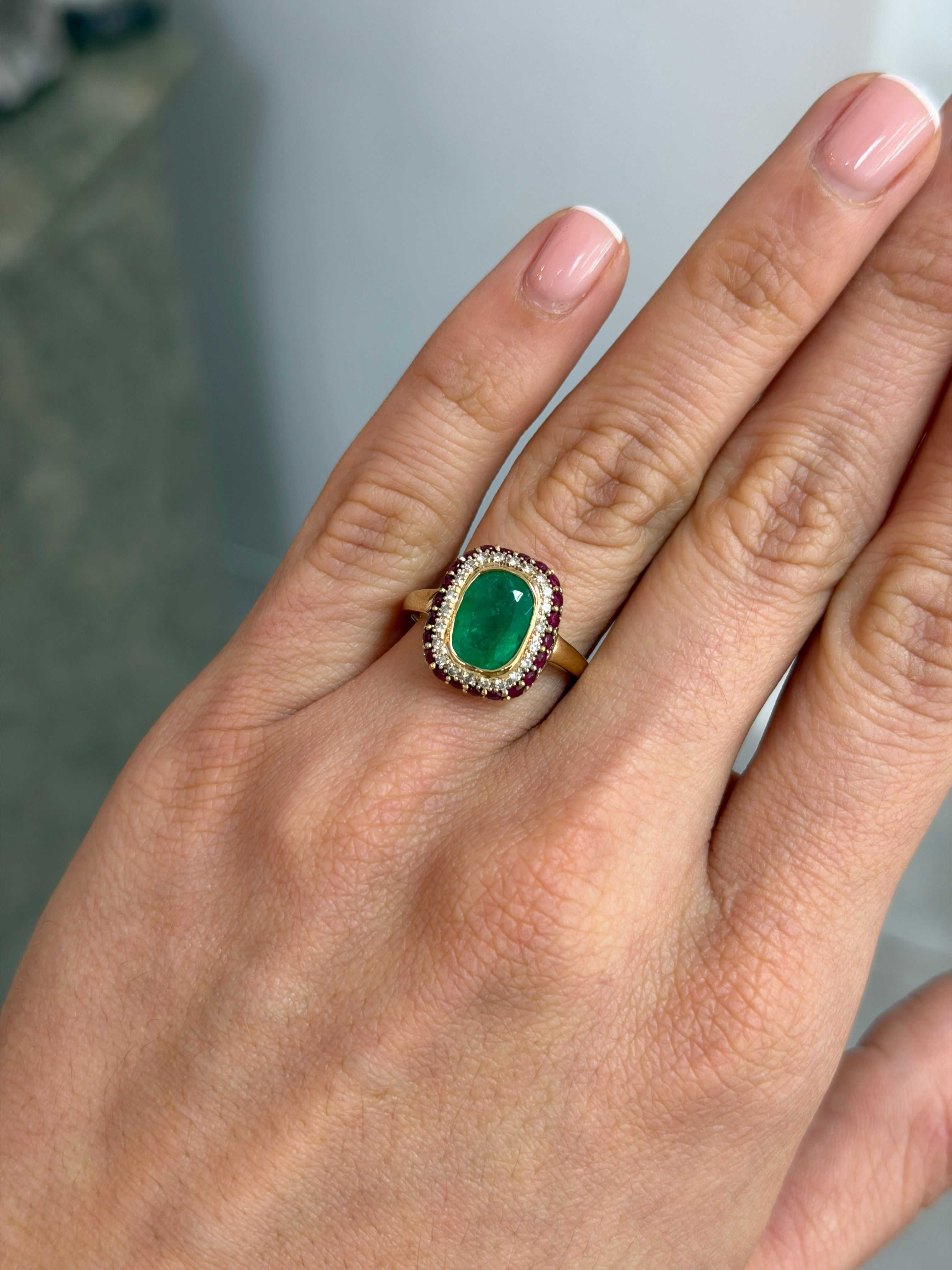 3.51tcw Cushion Cut Colombian Emerald & Ruby + Diamond Halo 14K Ring