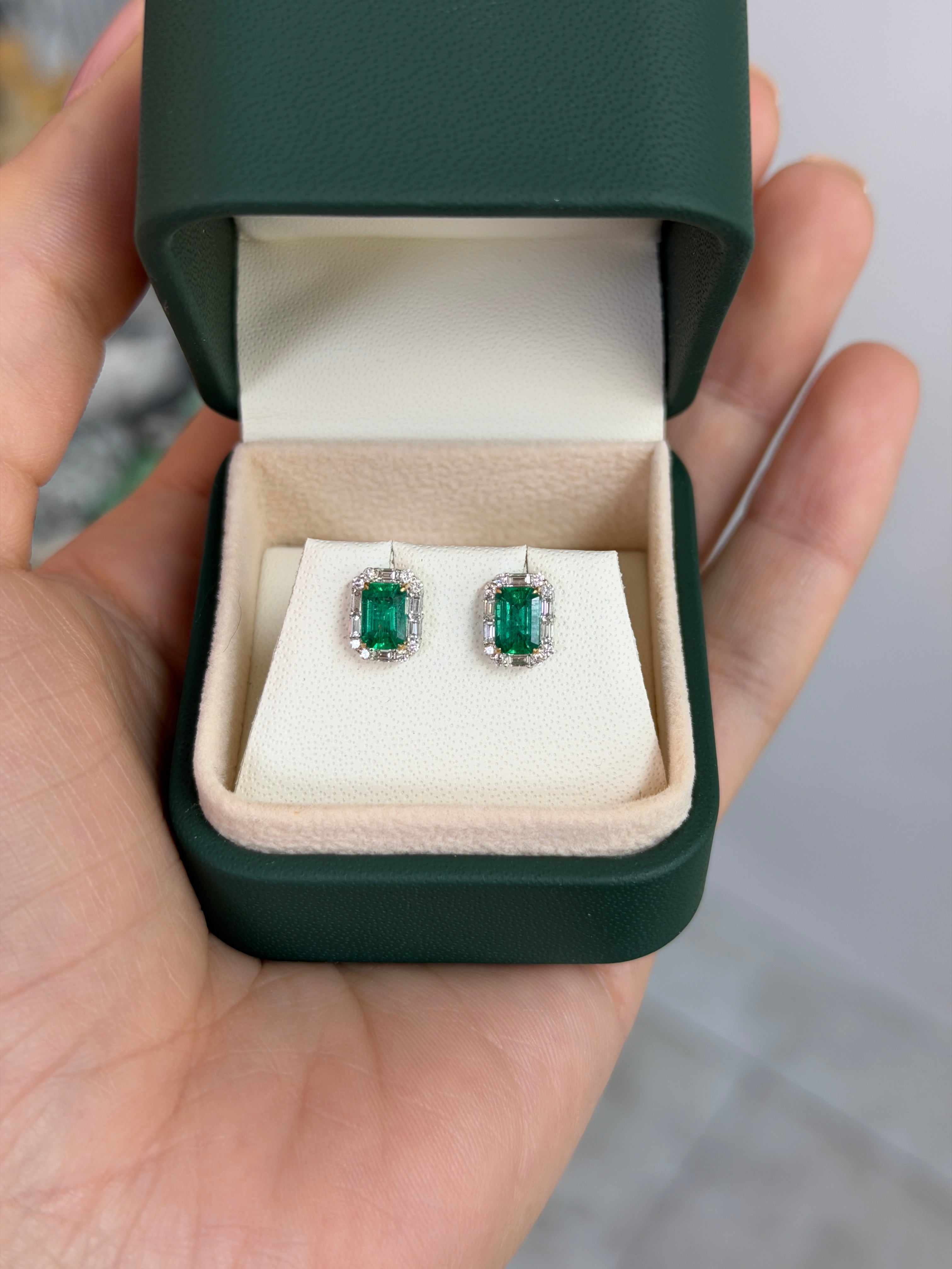 Natural emerald and baguette diamond halo stud earrings in 18K two-tone gold by JR Colombian Emeralds.