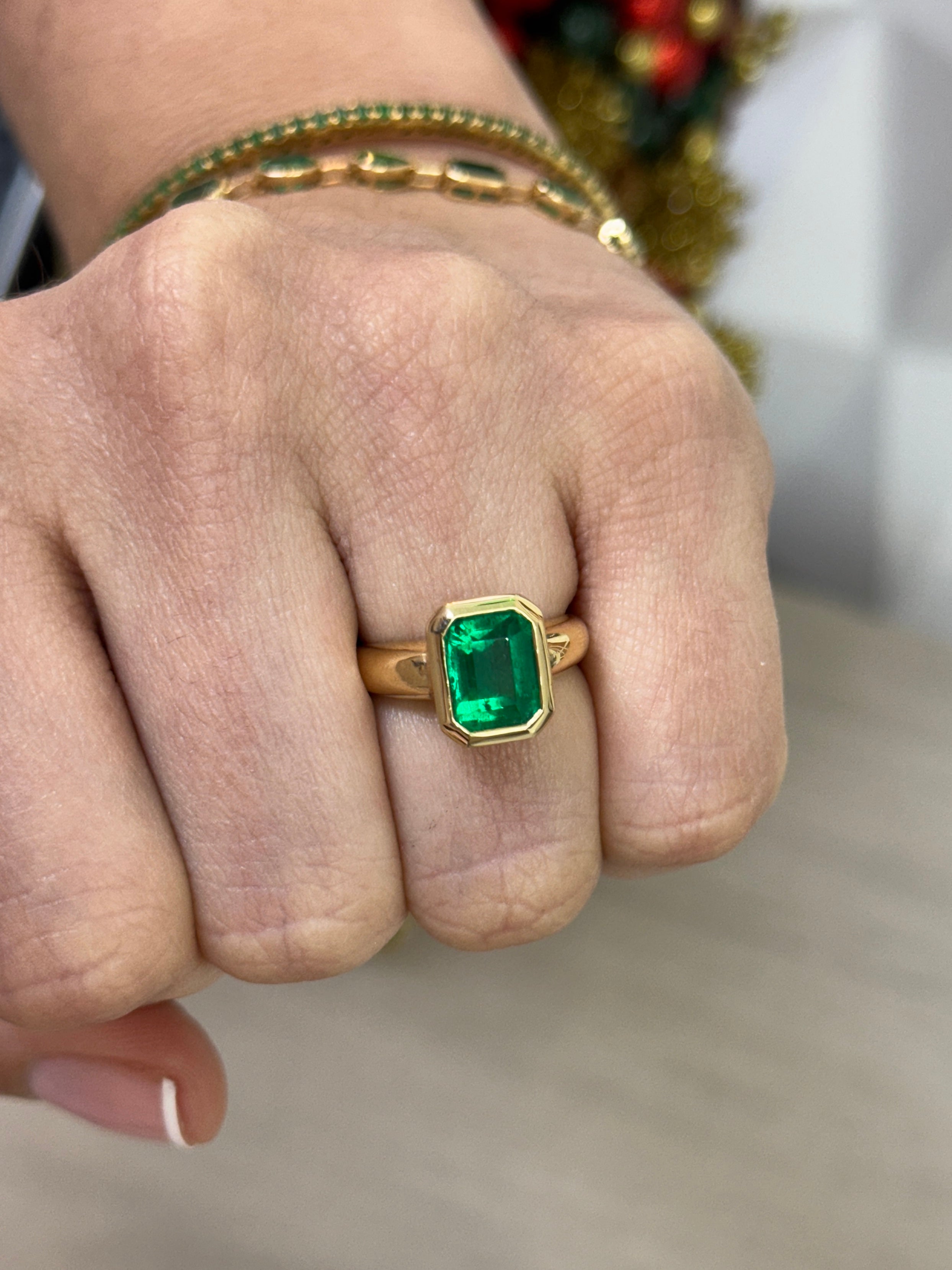 3.92cts Bezel Set AAA Minor Oil Colombian Emerald-Emerald Cut Solitaire 18K Gold Ring