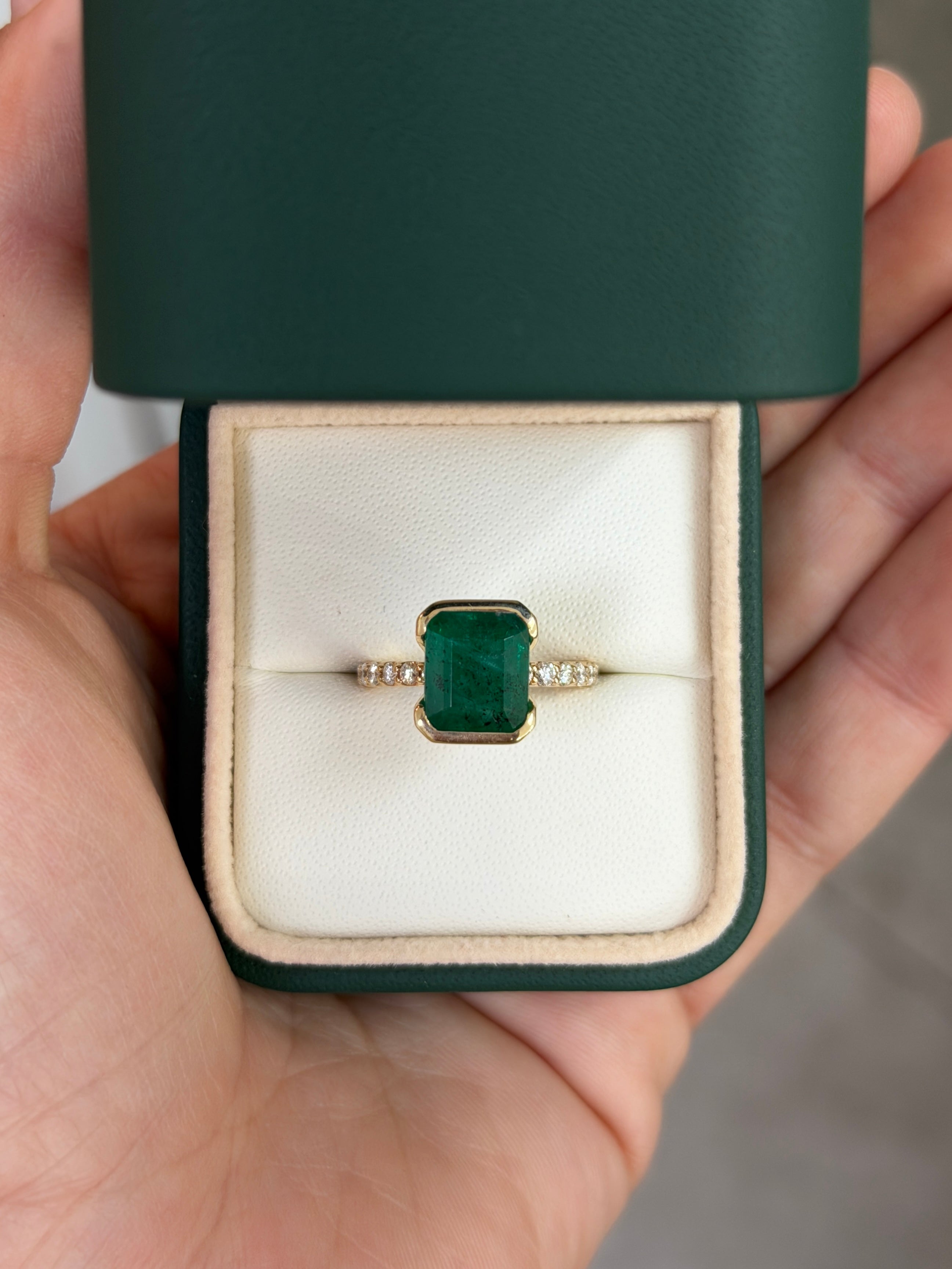 3.69tcw Stacking Friendly Semi Bezel Natural Emerald Solitaire with Diamond Accents 14K