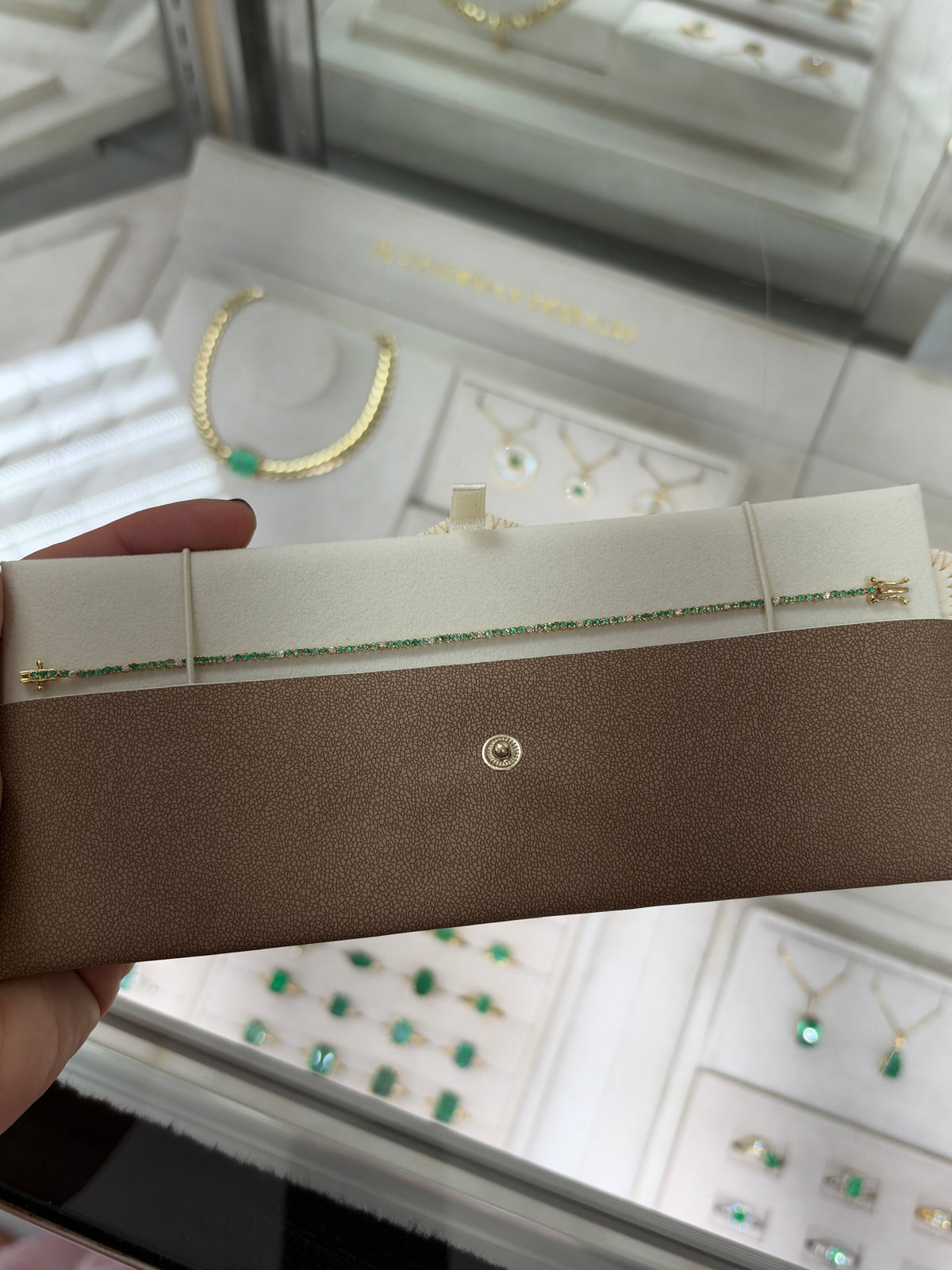 Petite 1.14tcw emerald and diamond tennis bracelet in 14K yellow gold, 7-inch length, by JR Colombian Emeralds.