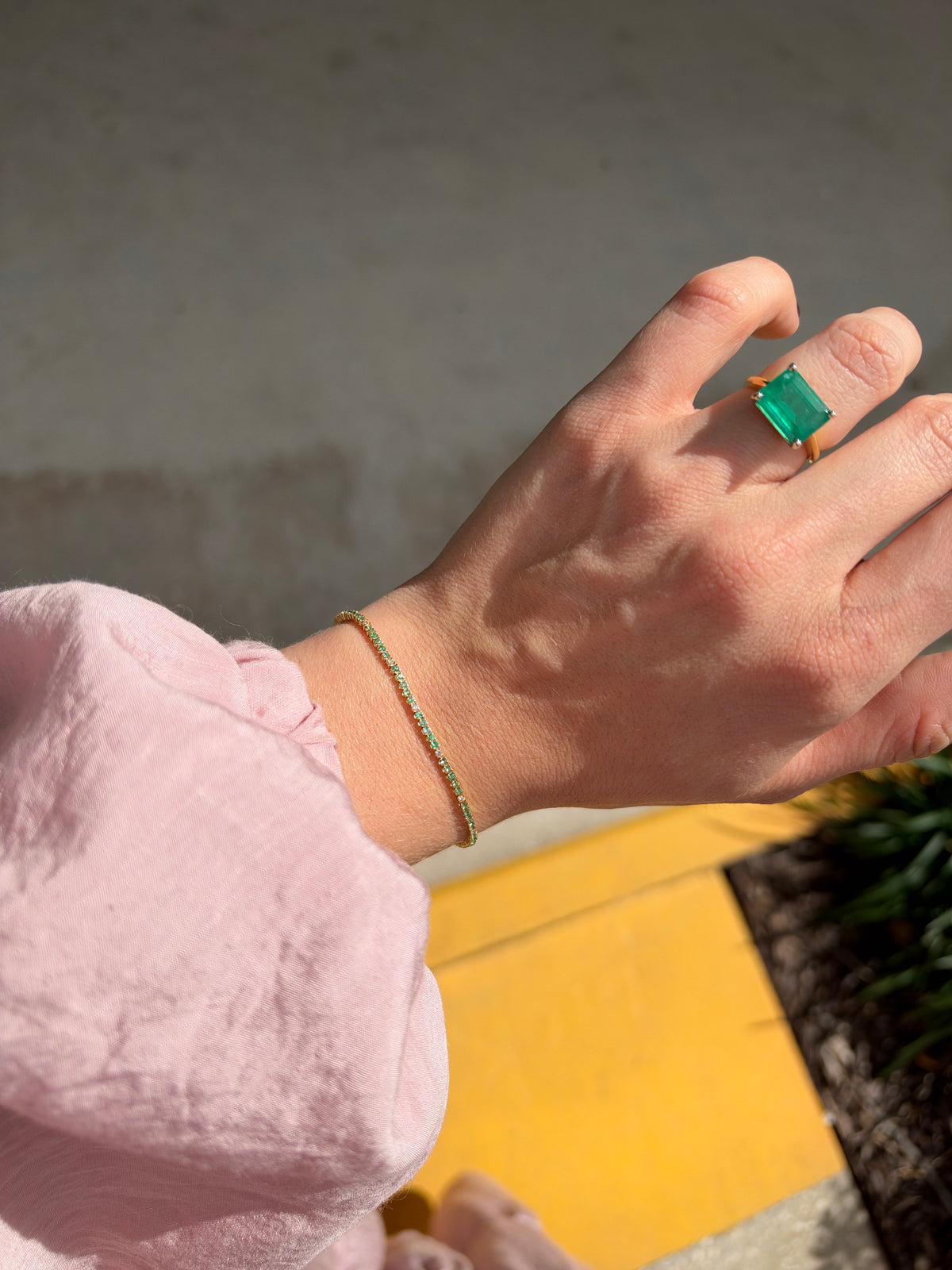 Petite 1.14ctw emerald and diamond tennis bracelet in 14K yellow gold, 7-inch length, by JR Colombian Emeralds.