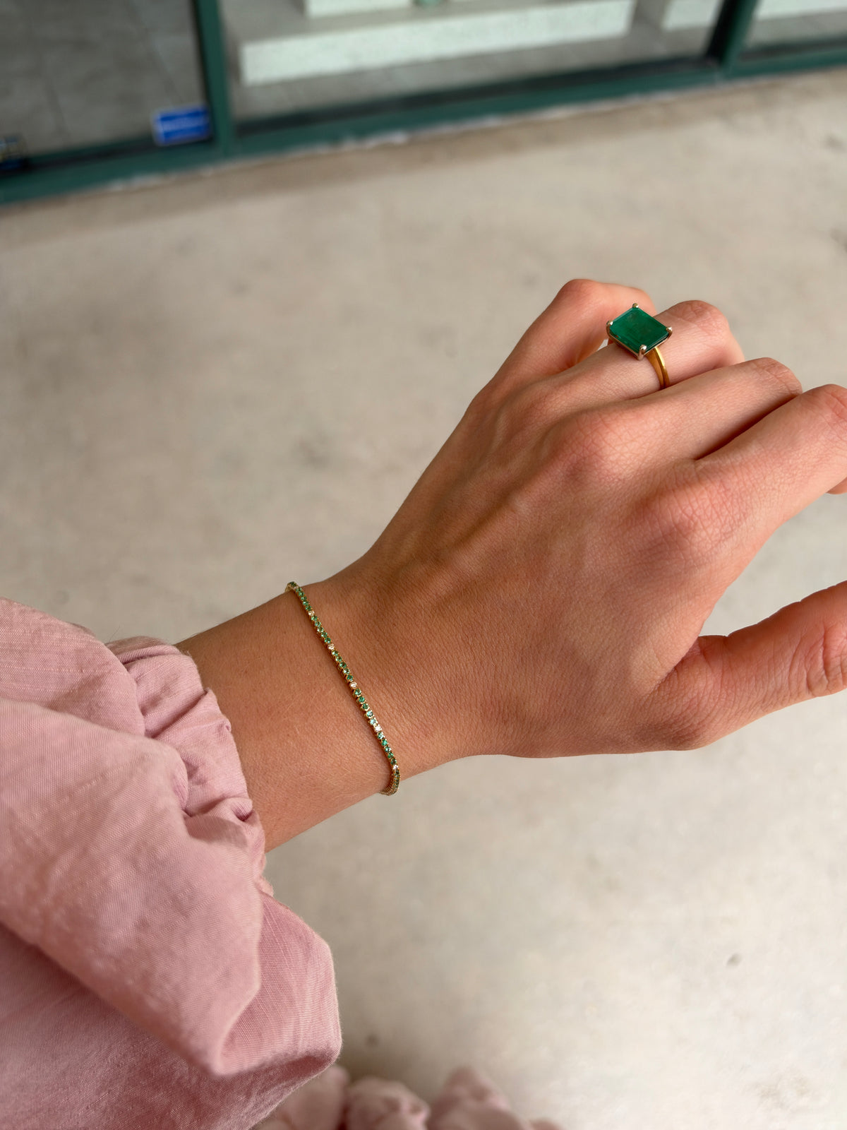 Petite 1.14tcw emerald and diamond tennis bracelet in 14K yellow gold, 7-inch length, from JR Colombian Emeralds.