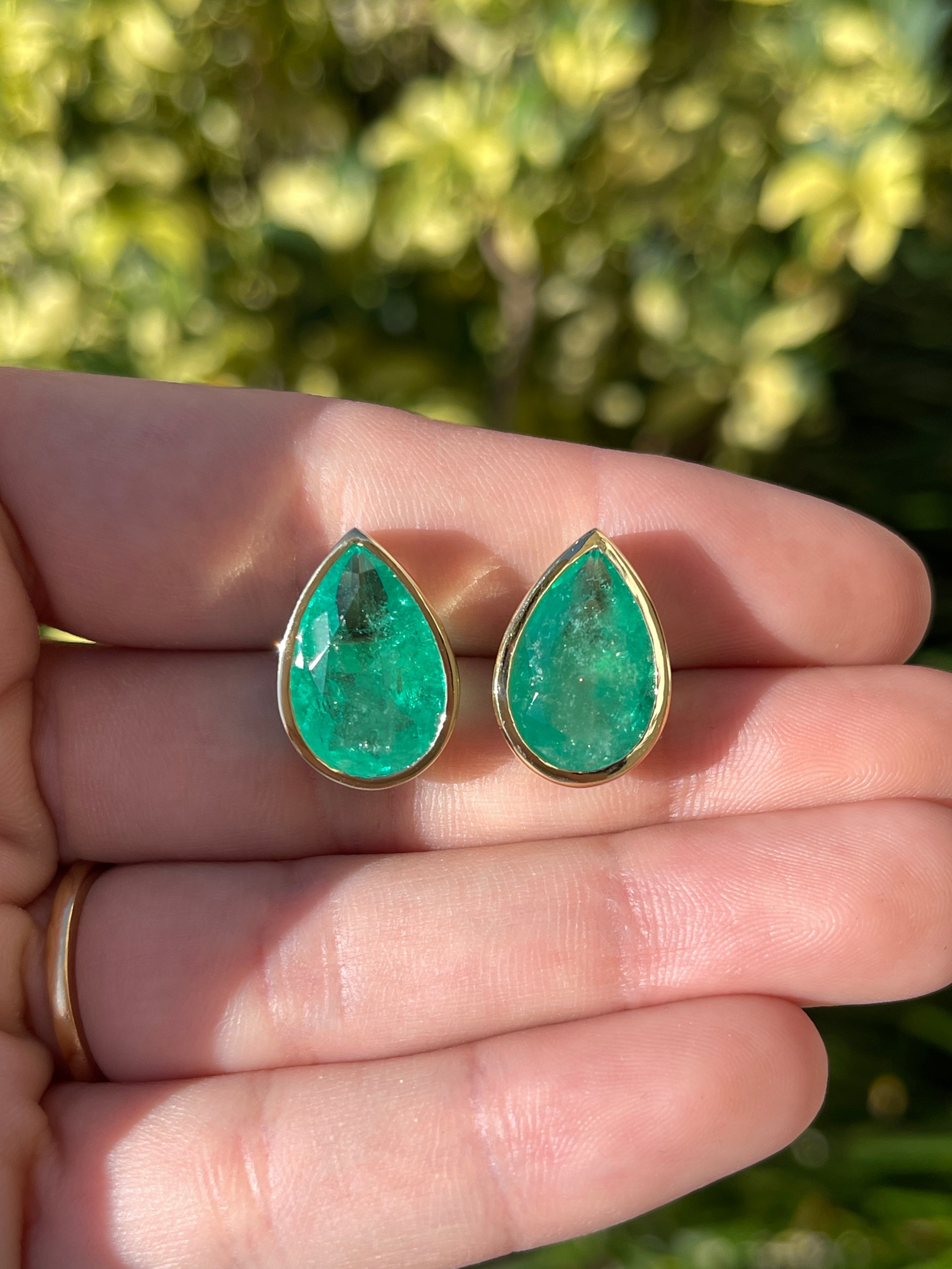 13.15tcw LARGE Teardrop Emerald Bezel Earrings 18K