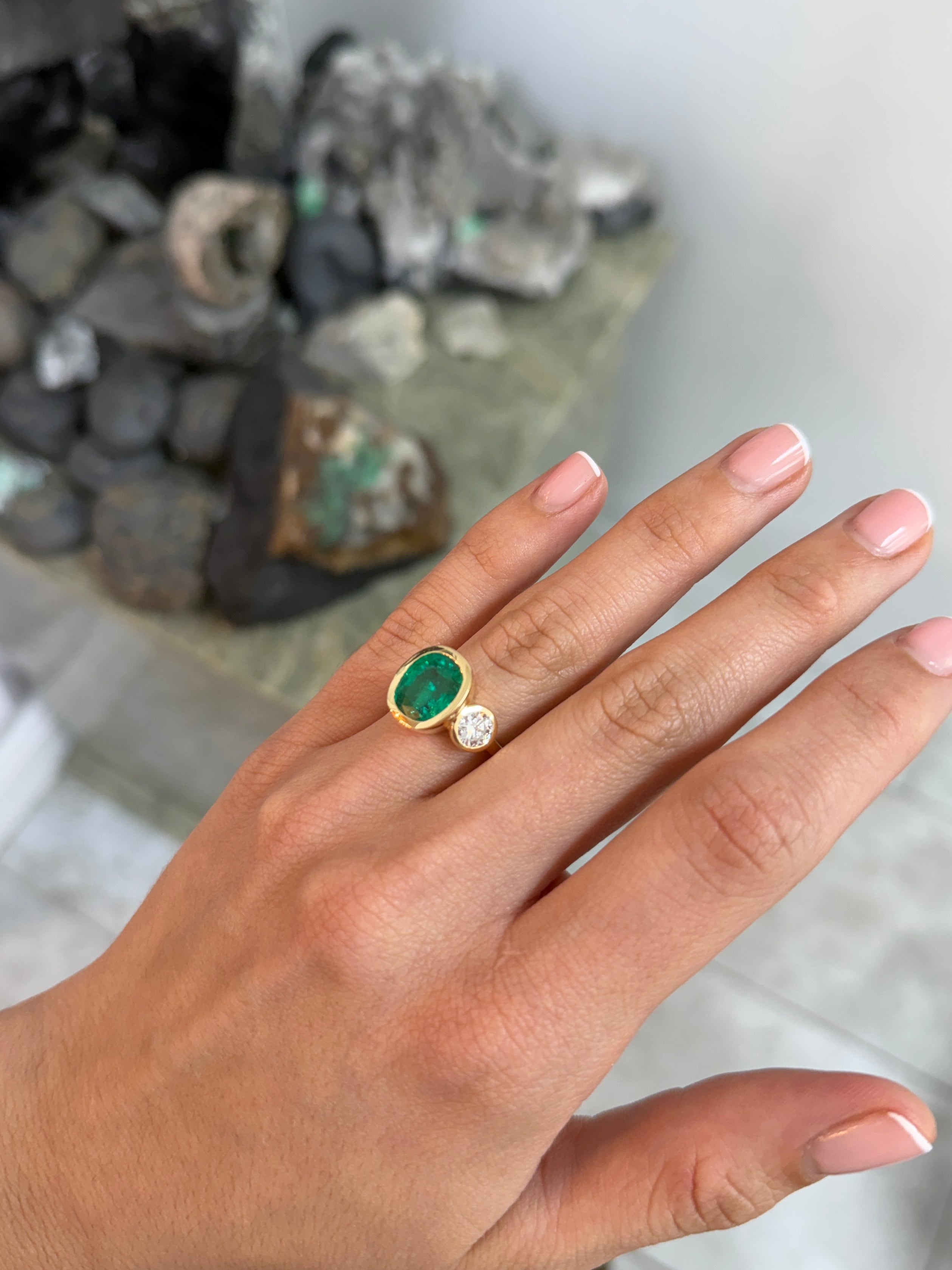 7.33tcw 18K Exclusive Cushion Colombian Emerald & Brilliant Round Diamond Three Stone Ring