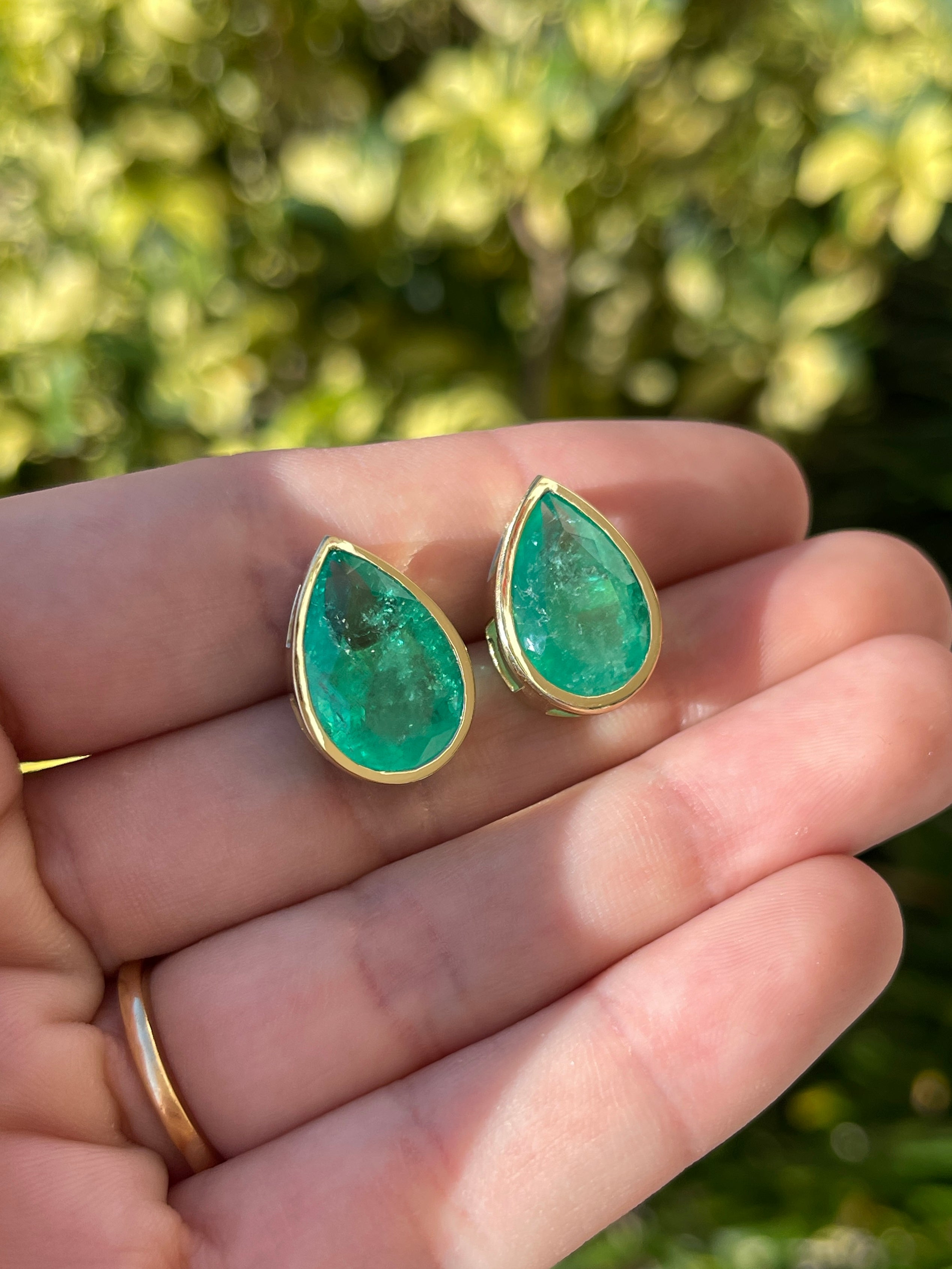 13.15tcw LARGE Teardrop Emerald Bezel Earrings 18K