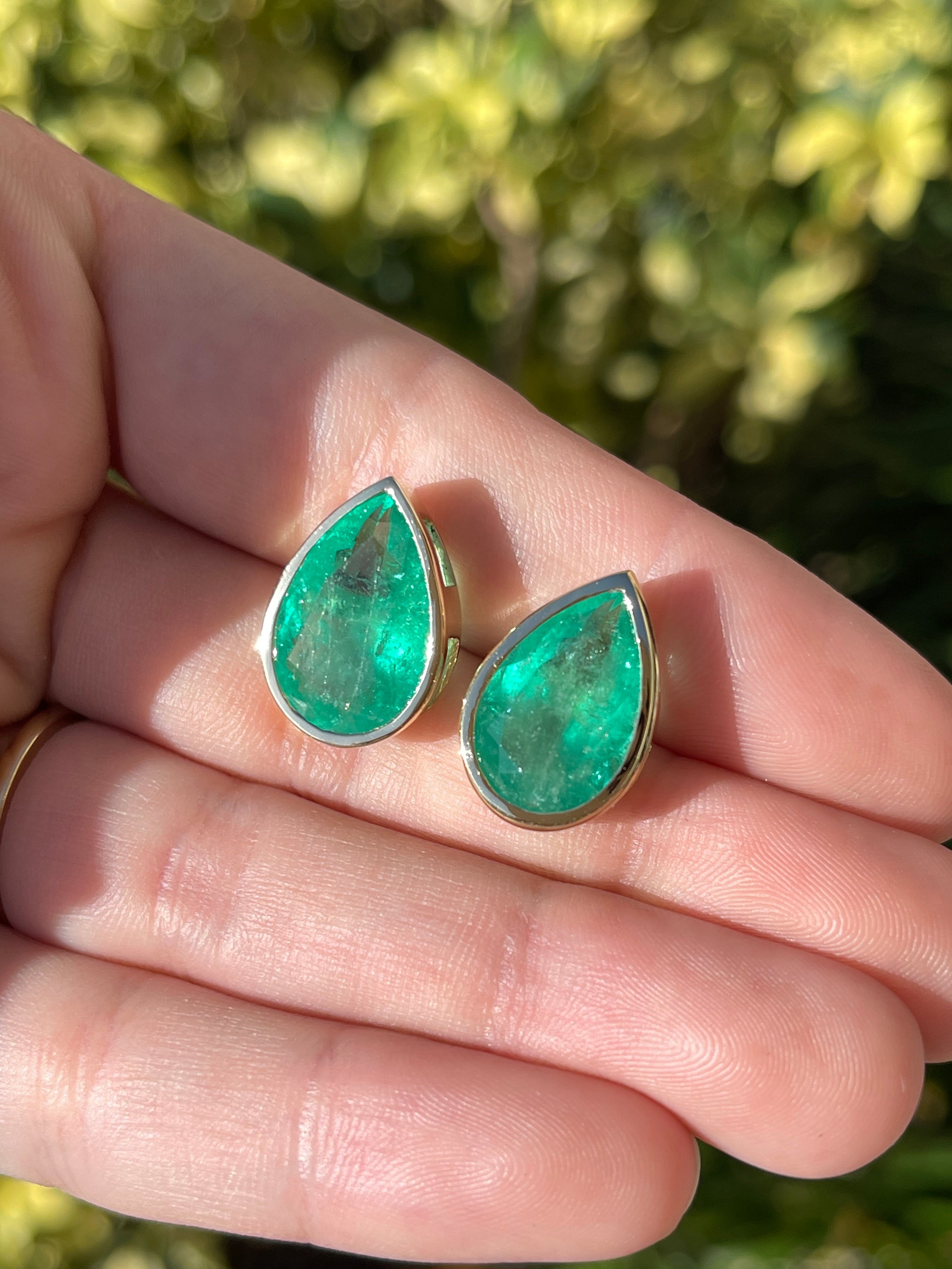 13.15tcw LARGE Teardrop Emerald Bezel Earrings 18K