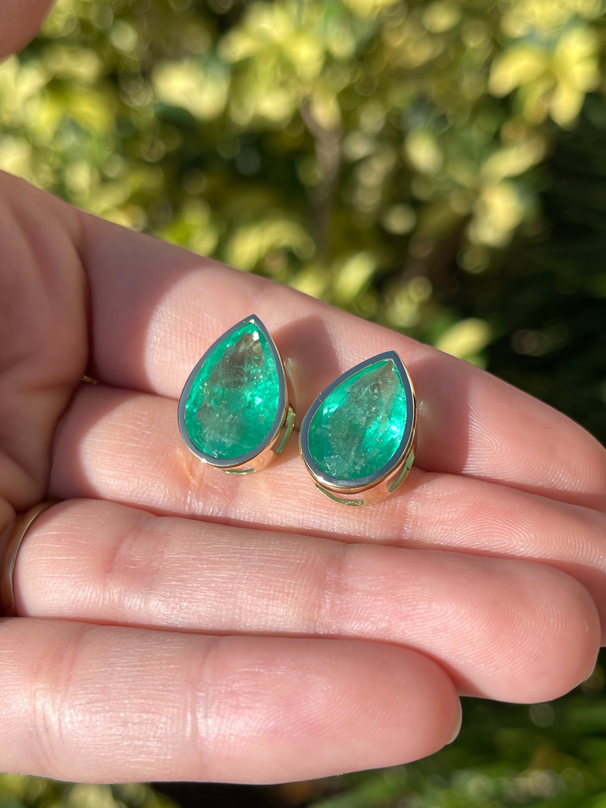 13.15tcw LARGE Teardrop Emerald Bezel Earrings 18K