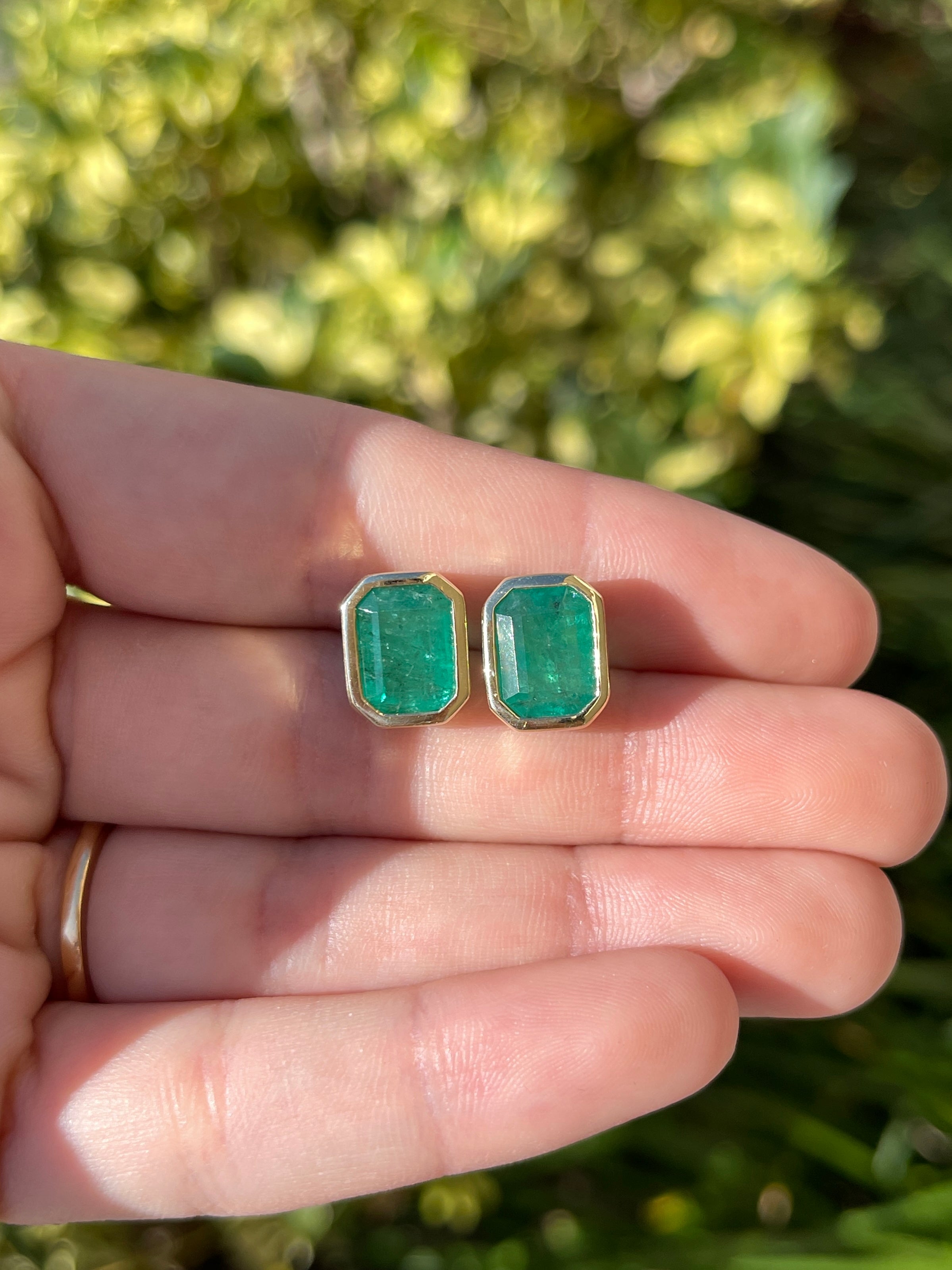 6.0tcw Earthy Natural Emerald Bezel Set Stud Earrings 18K