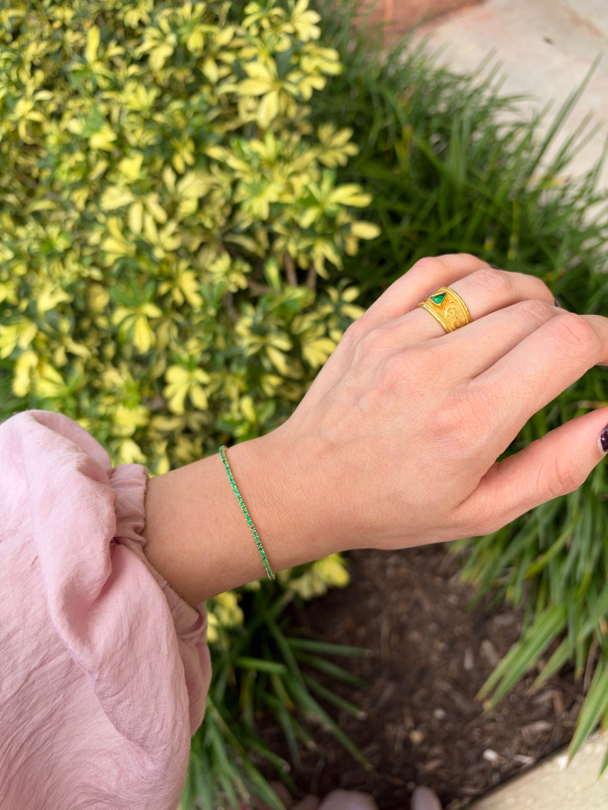 Petite 1.72tcw round emerald tennis bracelet in 14K gold, 7-inch length, by JR Colombian Emeralds.