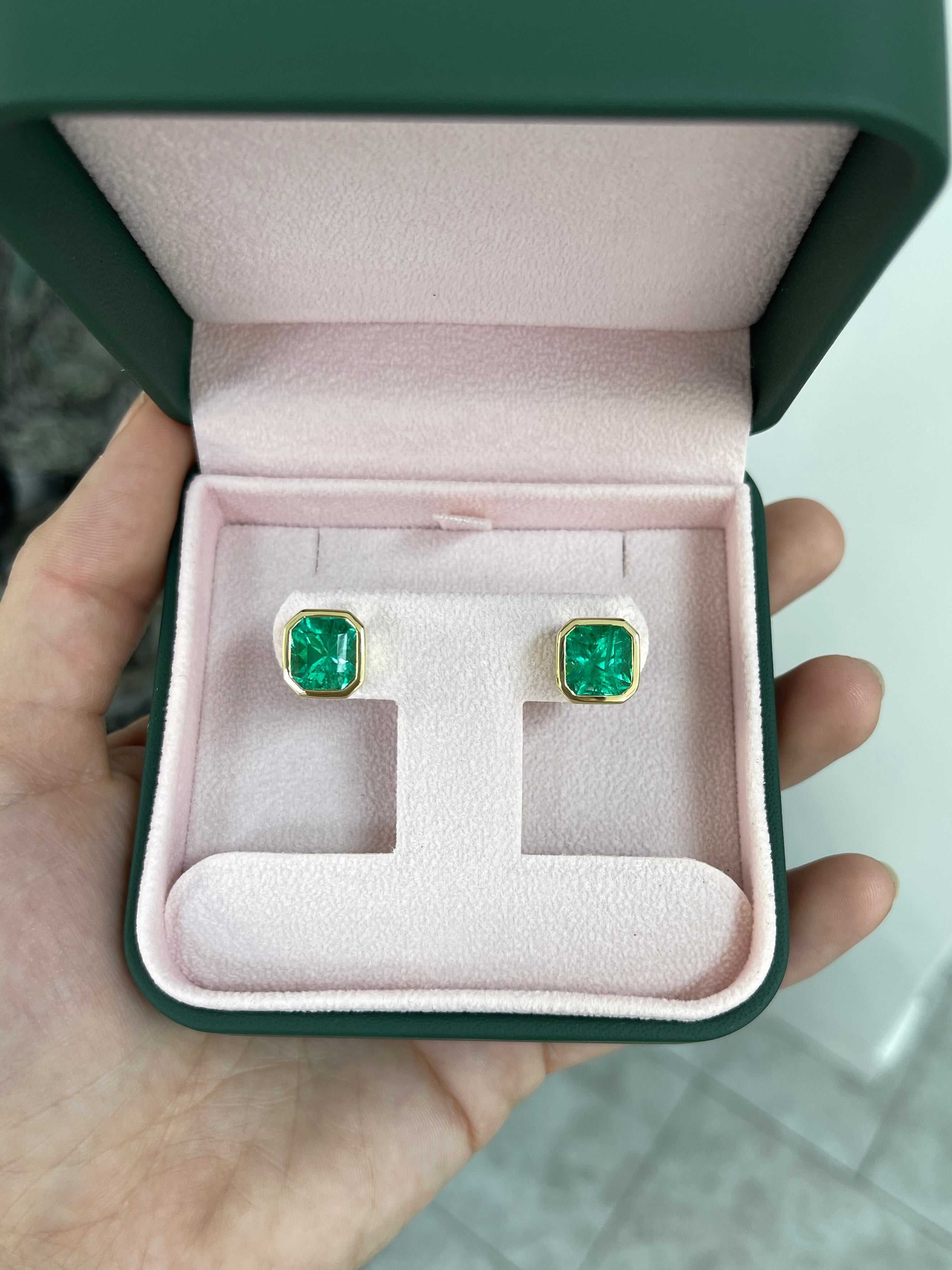 7.70tcw AAA+ Angelina Jolie Colombian Emerald Bezel Set Earrings