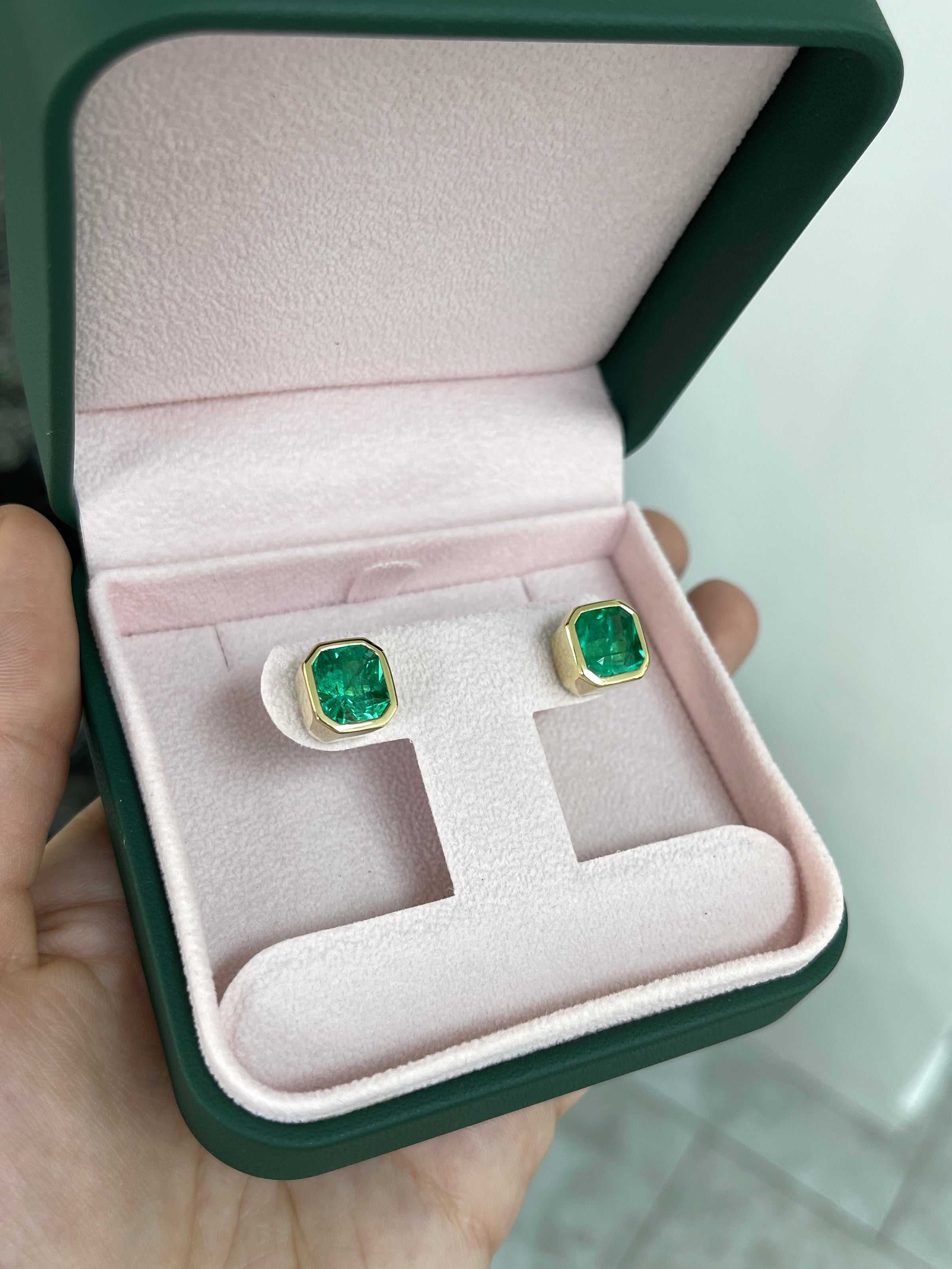 7.70tcw AAA+ Angelina Jolie Colombian Emerald Bezel Set Earrings