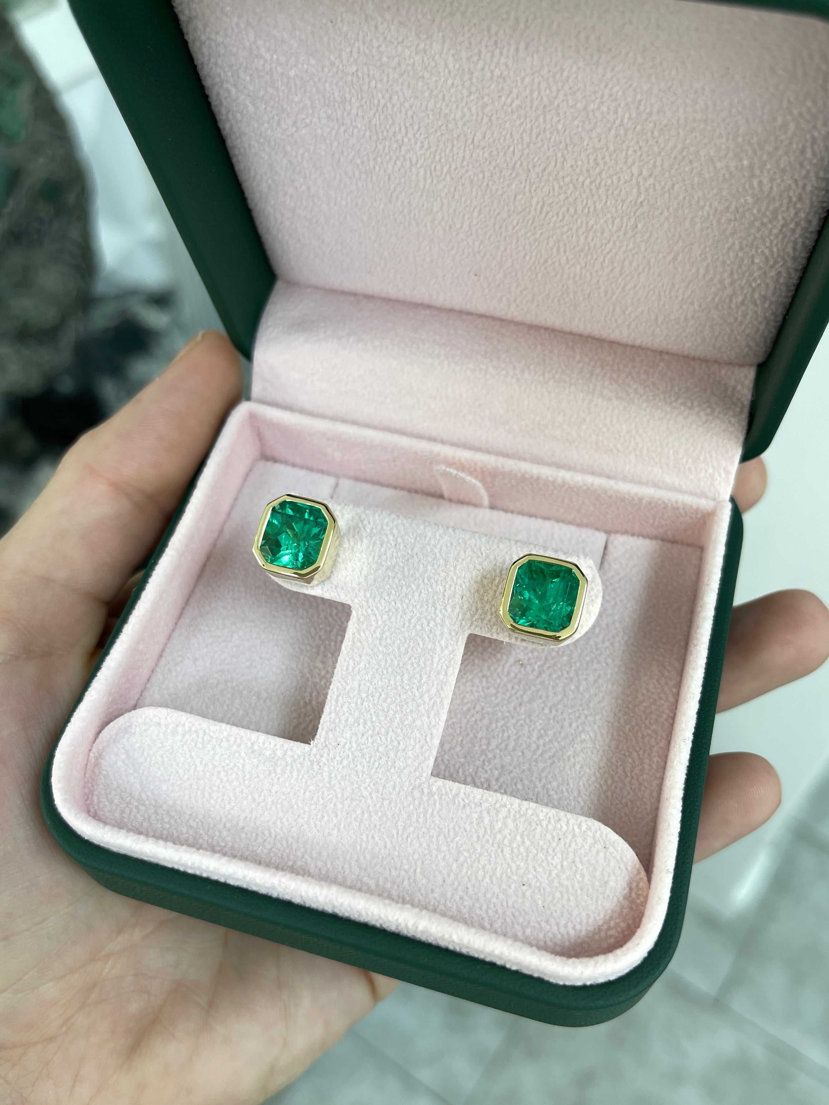 7.70tcw AAA+ Angelina Jolie Colombian Emerald Bezel Set Earrings