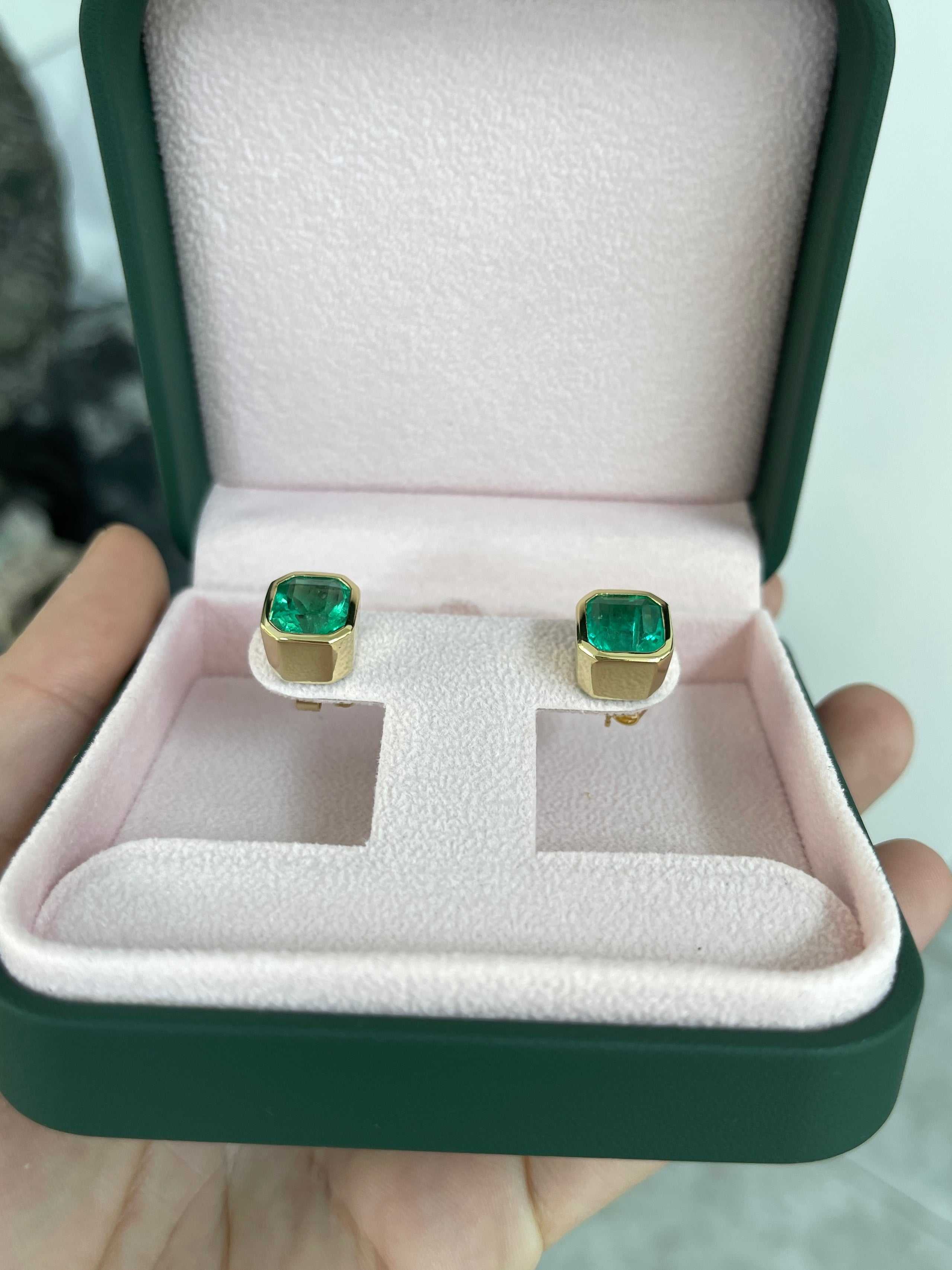 7.70tcw AAA+ Angelina Jolie Colombian Emerald Bezel Set Earrings