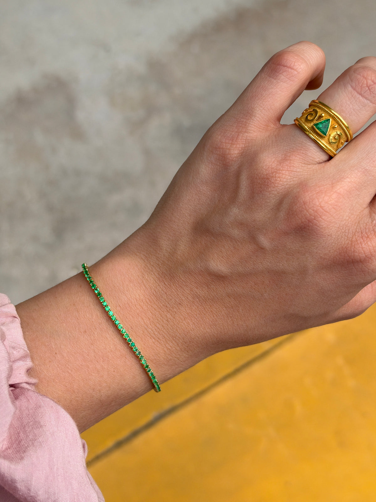 Petite emerald tennis bracelet with round emeralds in 14K gold, 7-inch length, by JR Colombian Emeralds.