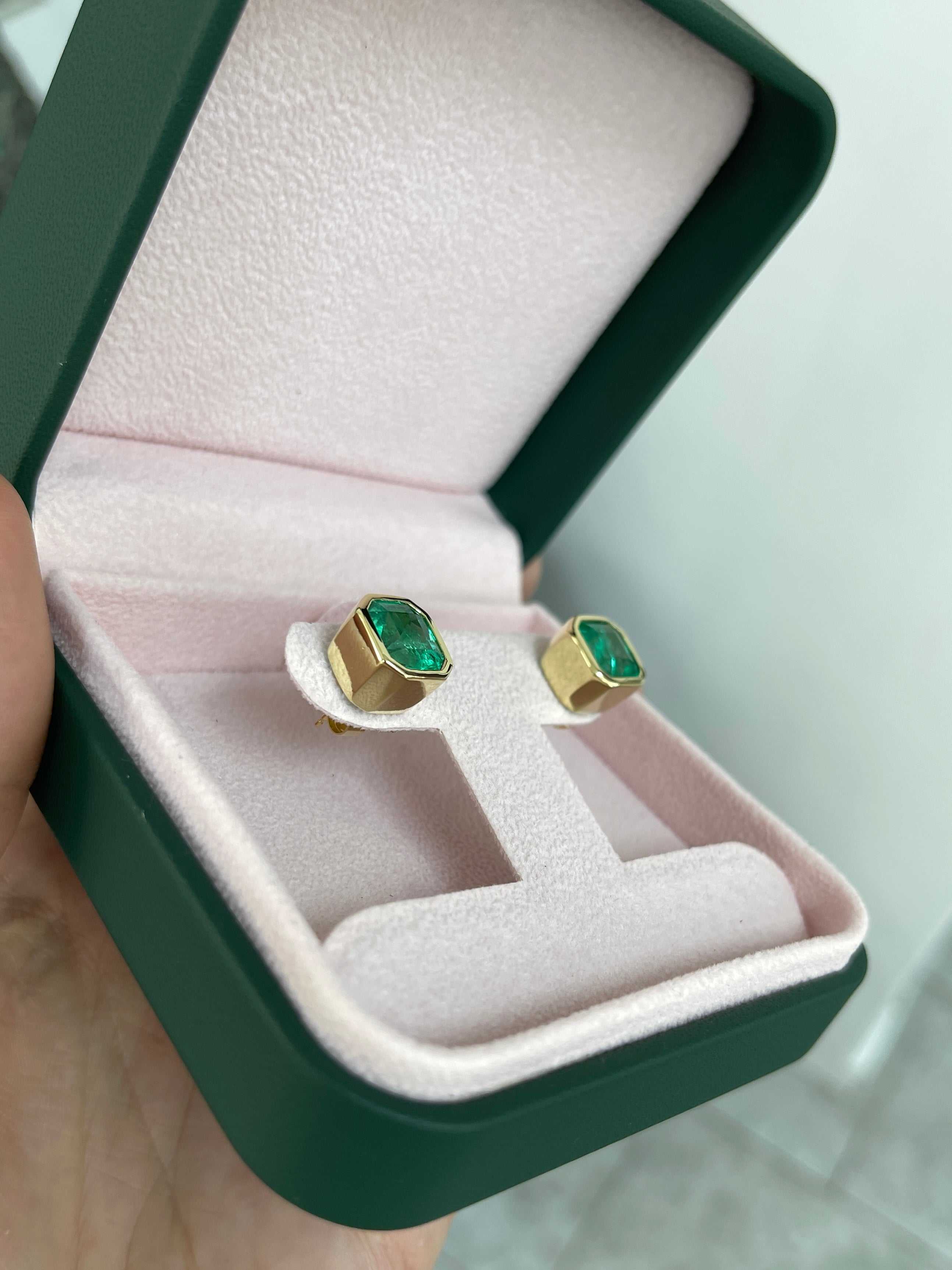 7.70tcw AAA+ Angelina Jolie Colombian Emerald Bezel Set Earrings