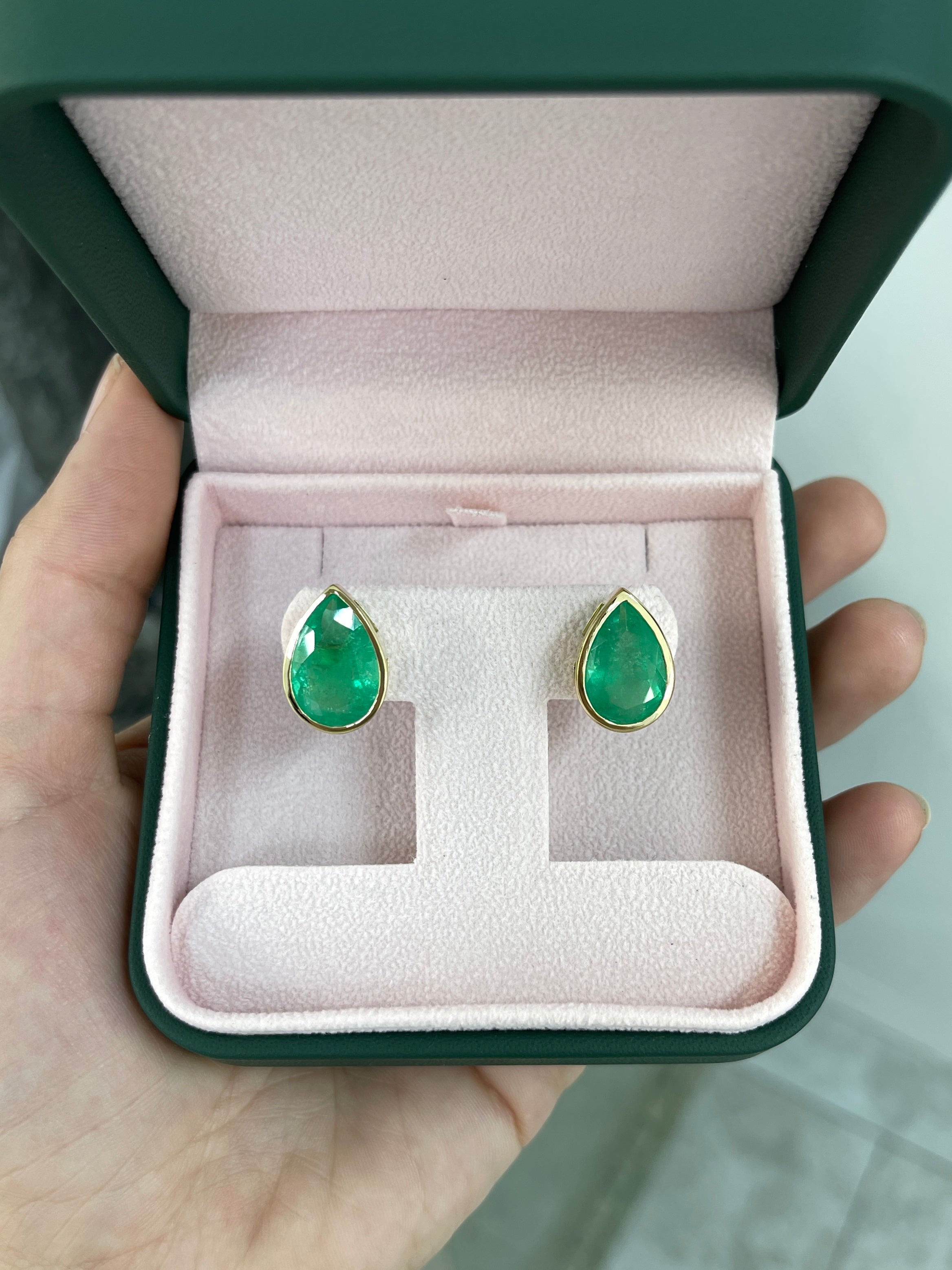 13.15tcw LARGE Teardrop Emerald Bezel Earrings 18K