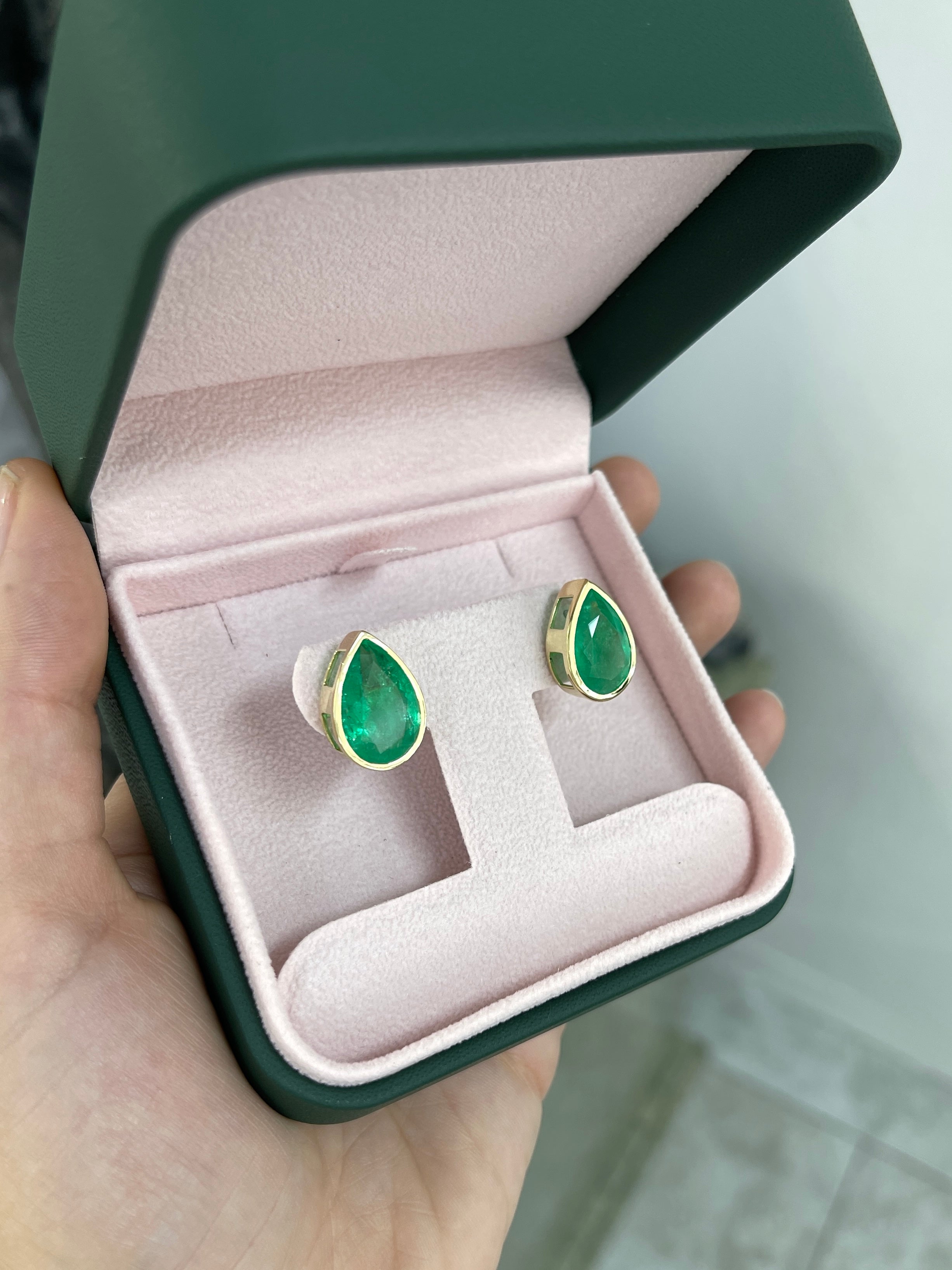 13.15tcw LARGE Teardrop Emerald Bezel Earrings 18K