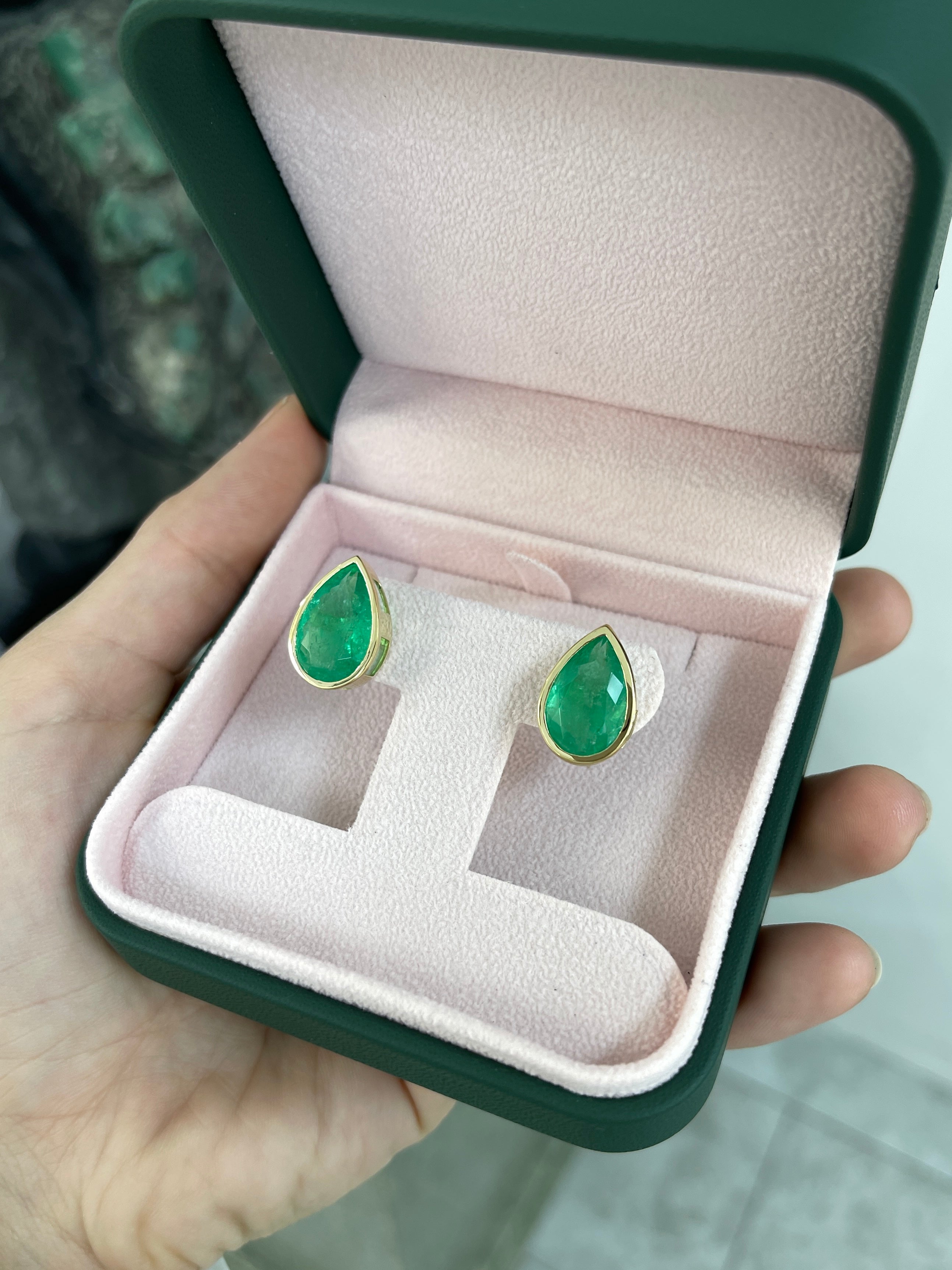 13.15tcw LARGE Teardrop Emerald Bezel Earrings 18K