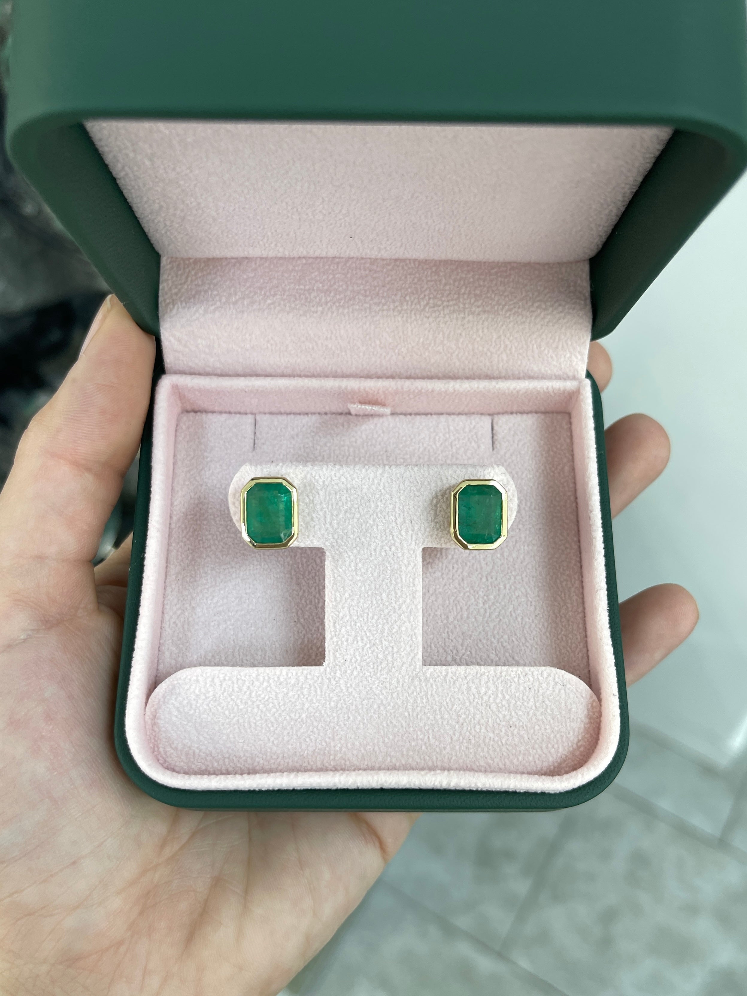 6.0tcw Earthy Natural Emerald Bezel Set Stud Earrings 18K