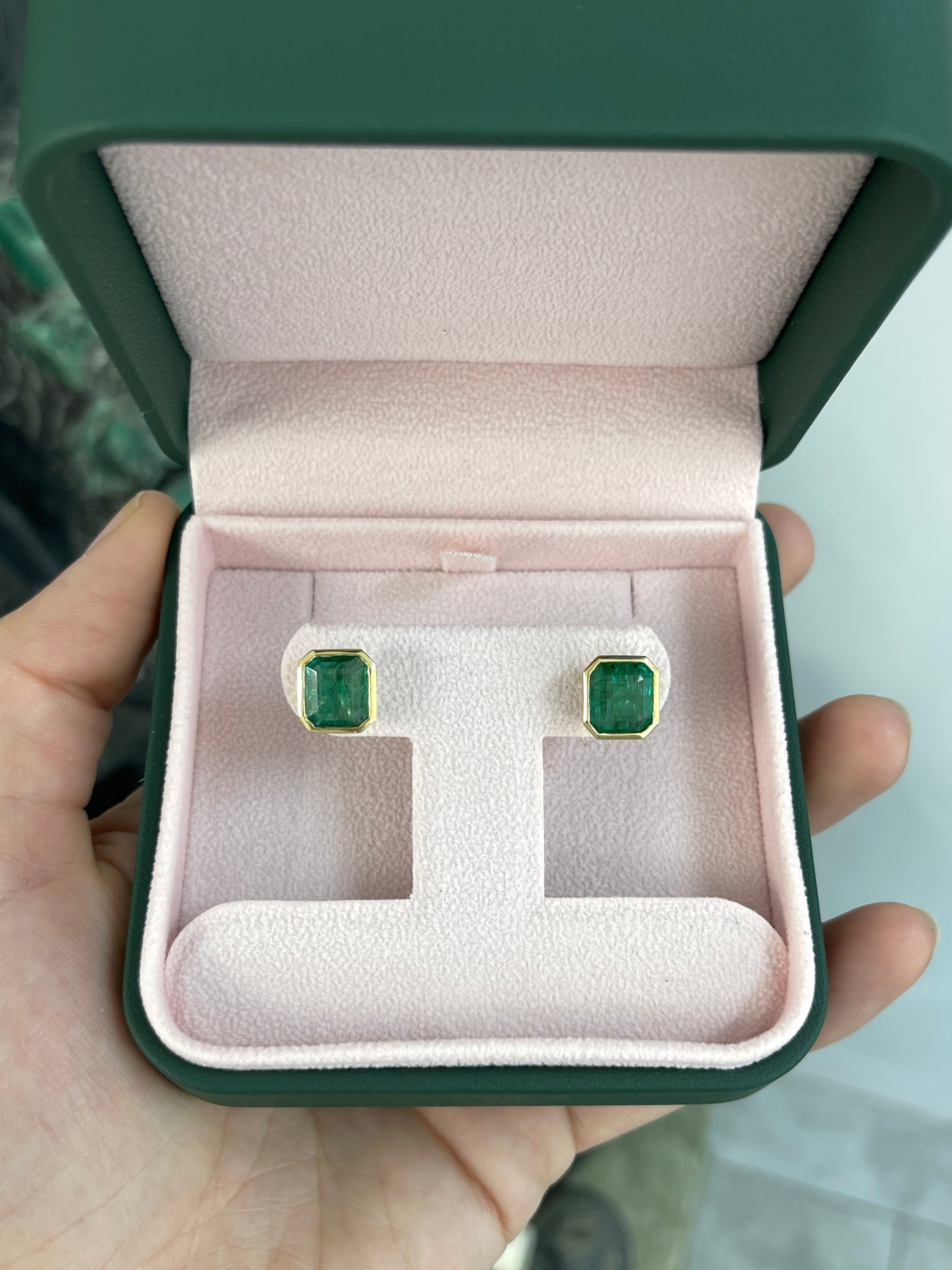 5.60tcw Classic Asscher Cut Emerald Bezel Stud Earrings 18K