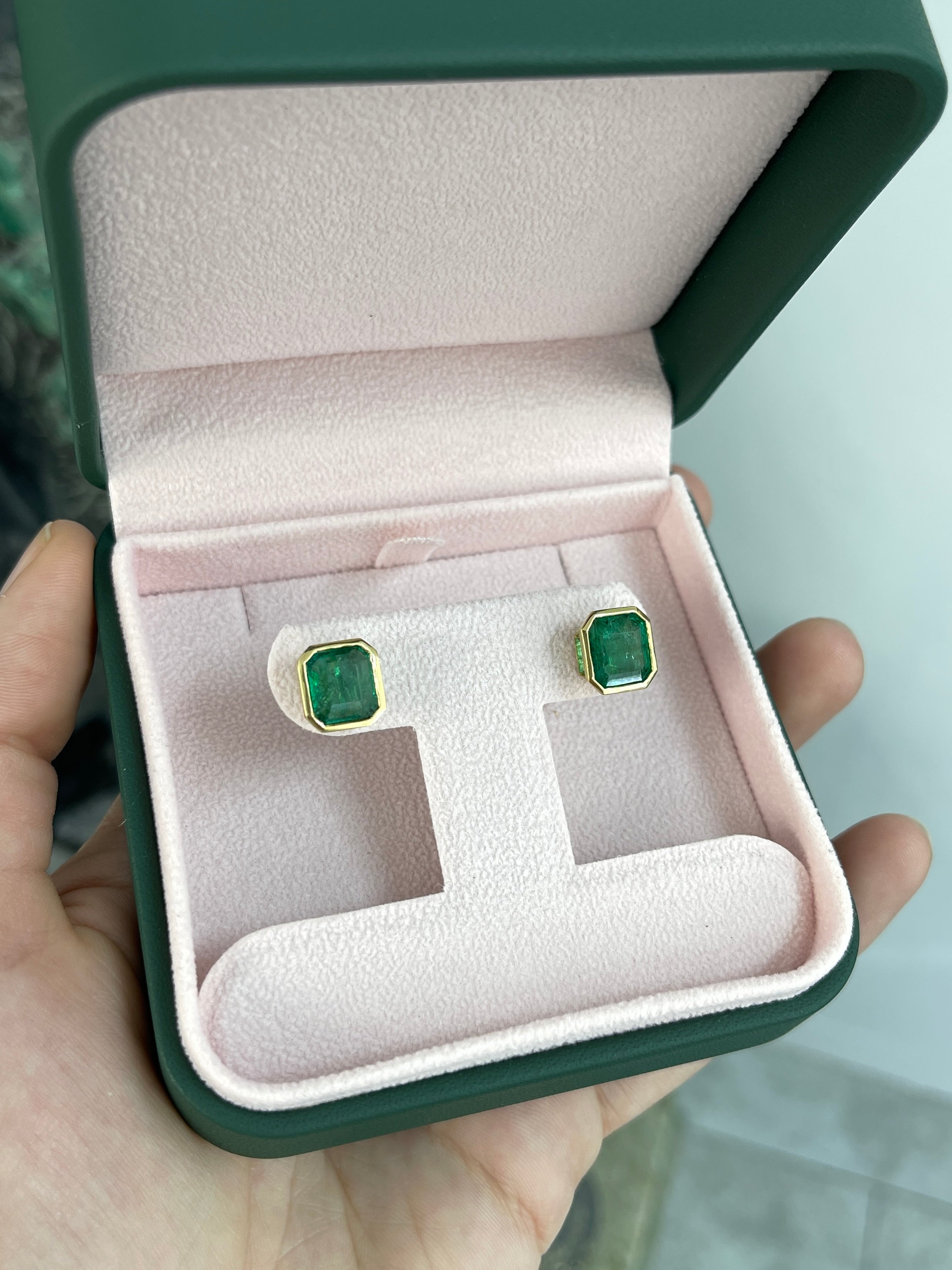 5.60tcw Classic Asscher Cut Emerald Bezel Stud Earrings 18K