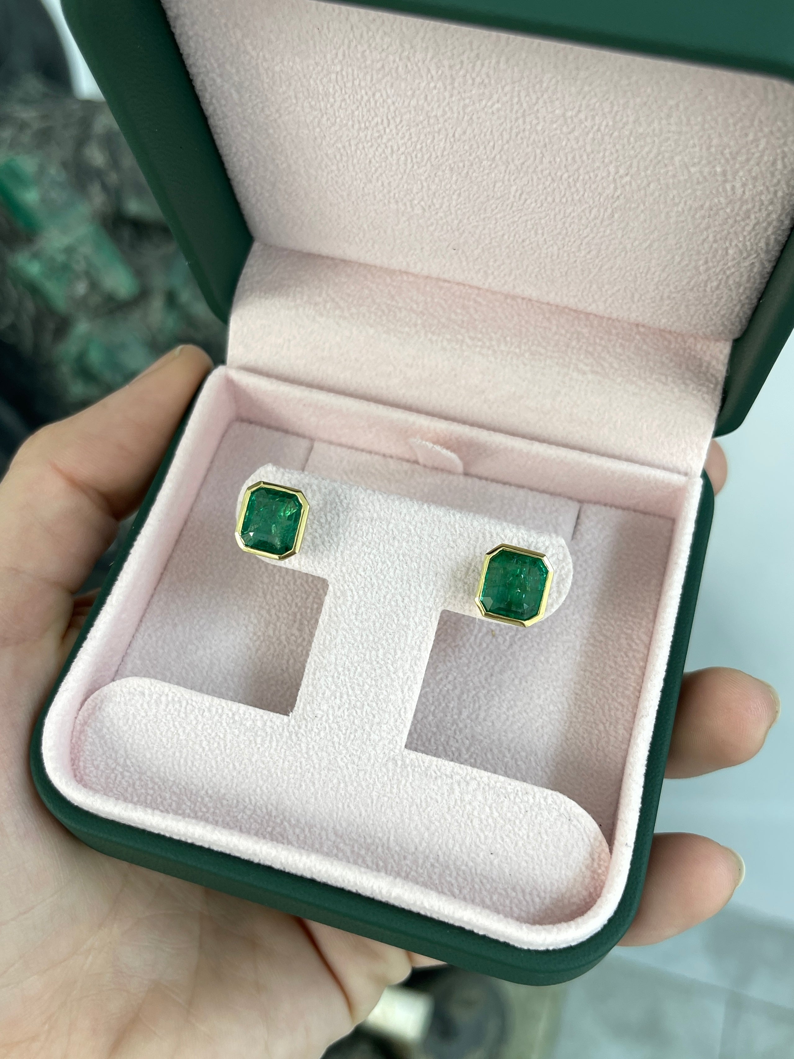 5.60tcw Classic Asscher Cut Emerald Bezel Stud Earrings 18K