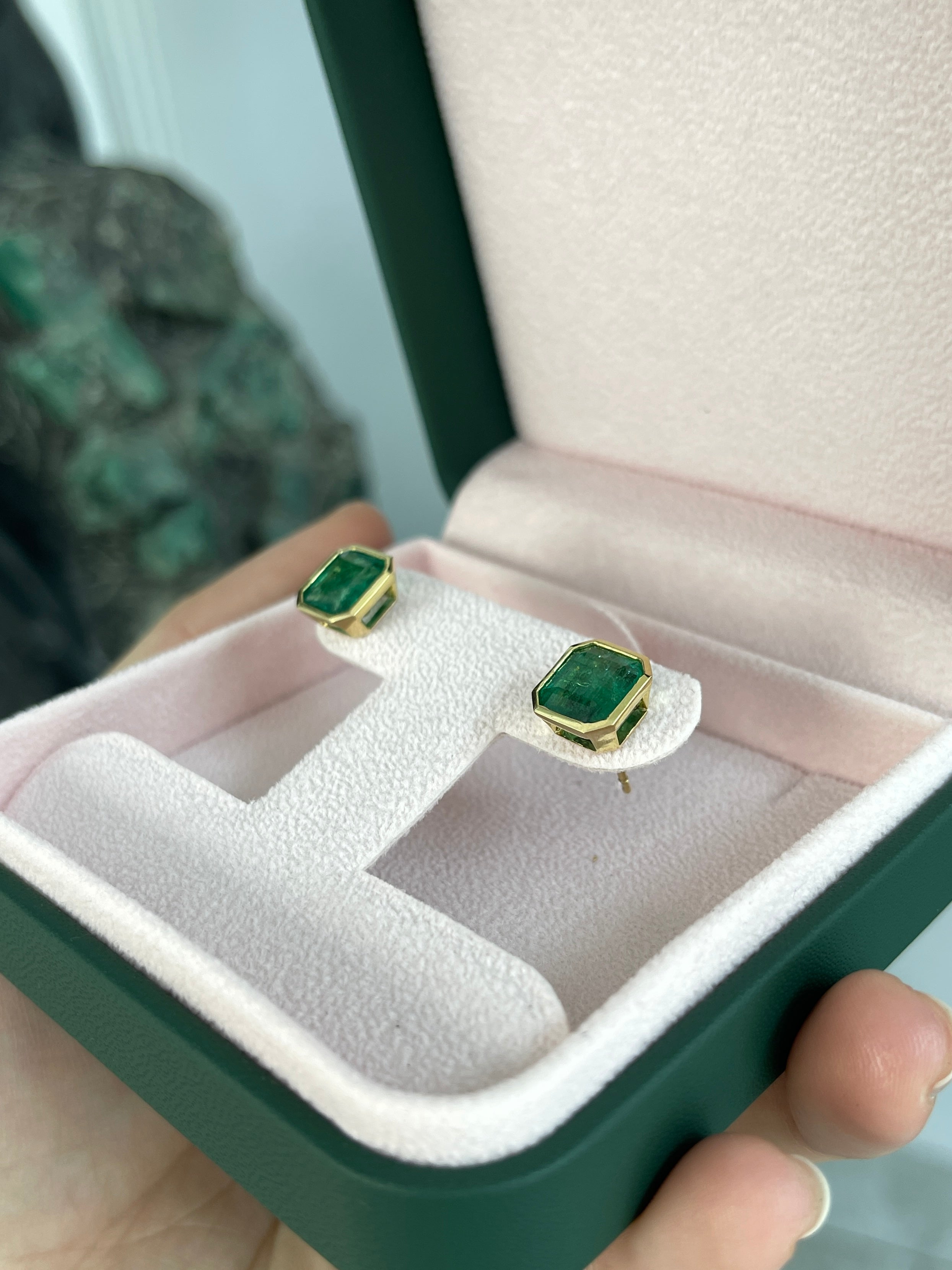 5.60tcw Classic Asscher Cut Emerald Bezel Stud Earrings 18K