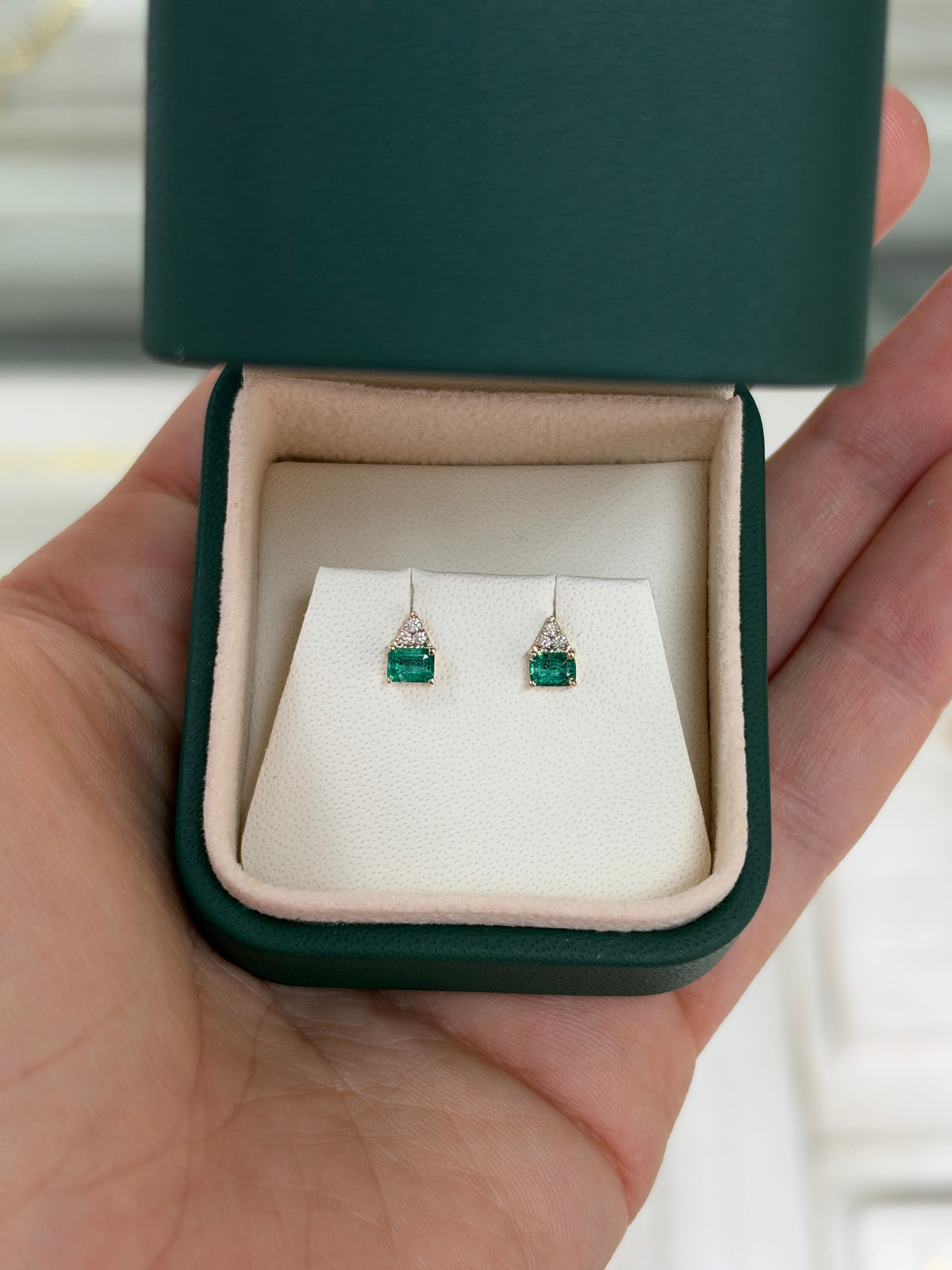 14K gold petite emerald and diamond stud earrings featuring natural green emeralds and sparkling diamonds by JR Colombian Emeralds