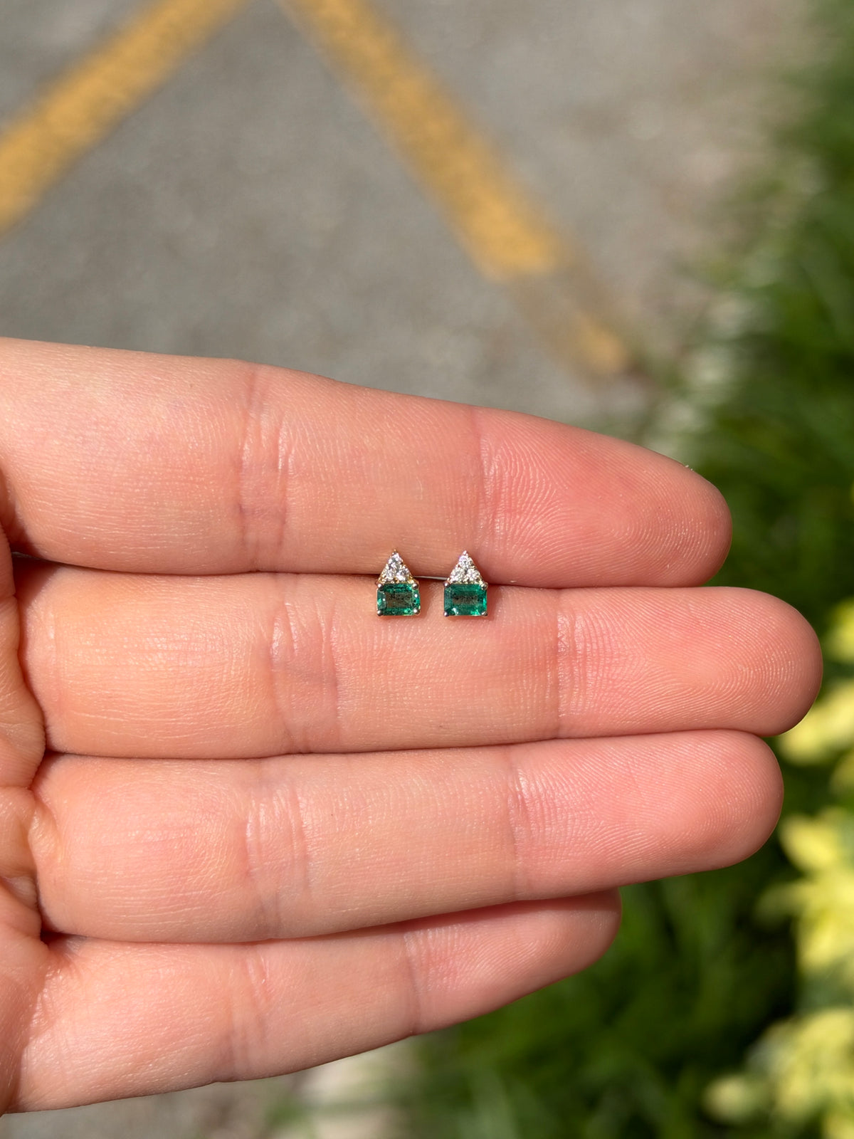 14K gold petite emerald and diamond stud earrings featuring 0.48tcw natural emeralds and diamonds from JR Colombian Emeralds
