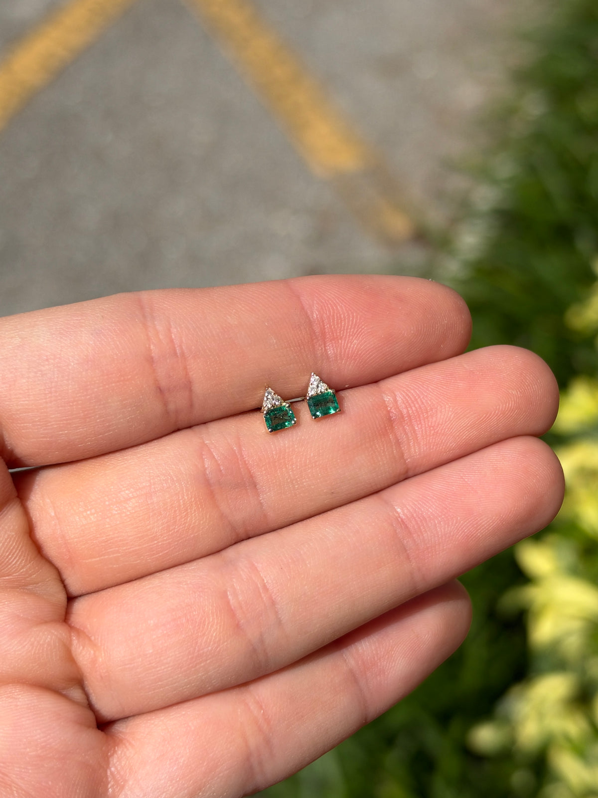 14K gold petite emerald and diamond stud earrings with natural green emeralds and small sparkling diamonds by JR Colombian Emeralds.