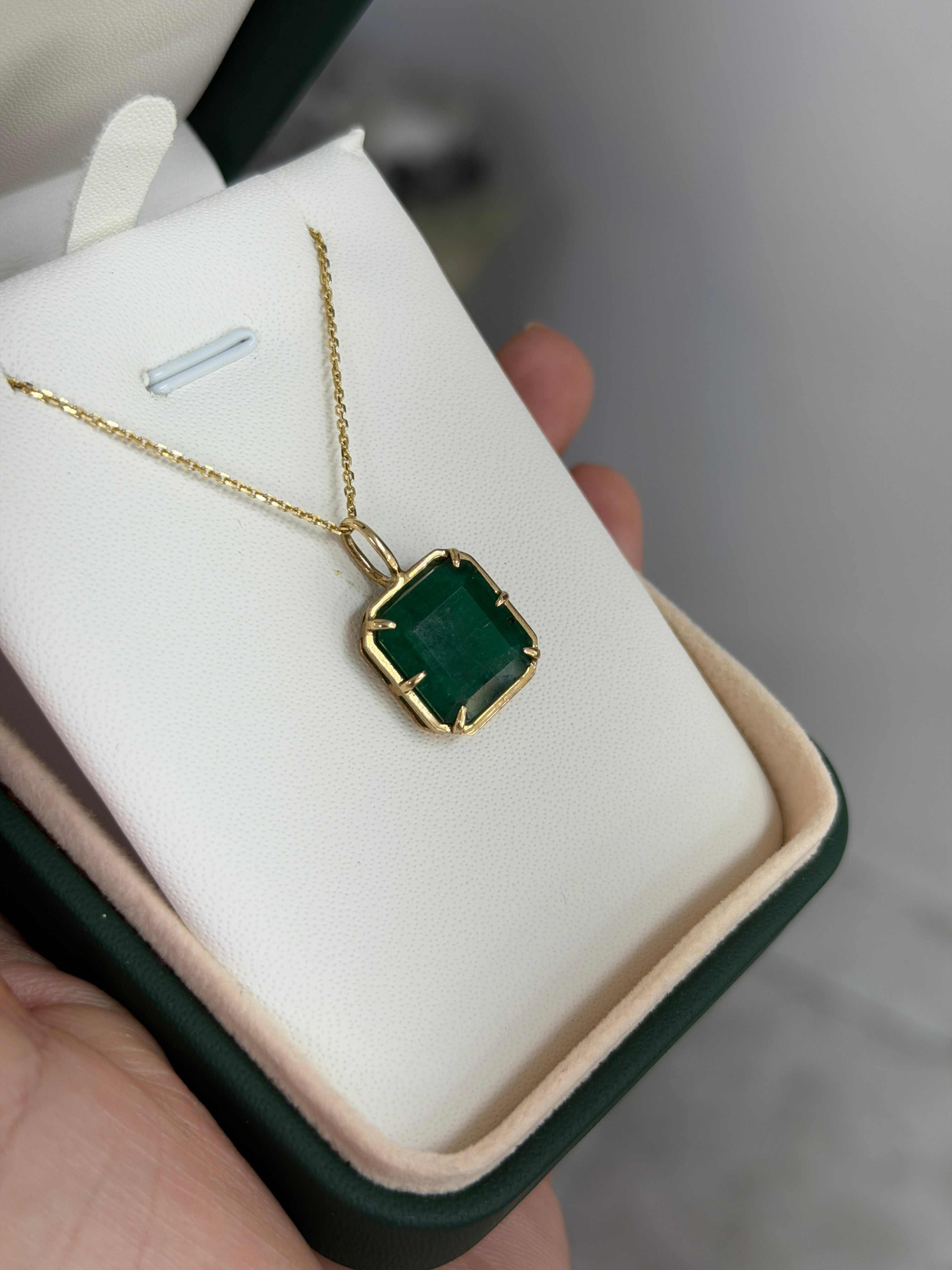 6.30 Carat Natural Dark Green Emerald Georgian Styled Solitaire Pendan