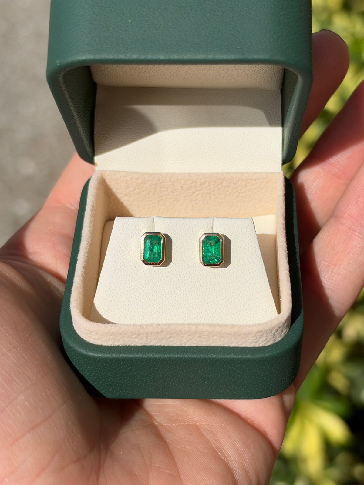14K gold emerald cut stud earrings with 1.20tcw natural green emeralds, bezel set, by JR Colombian Emeralds.