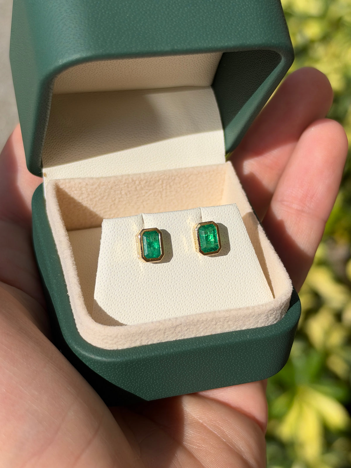14K natural bezel set emerald cut emerald stud earrings with 1.20 tcw from JR Colombian Emeralds