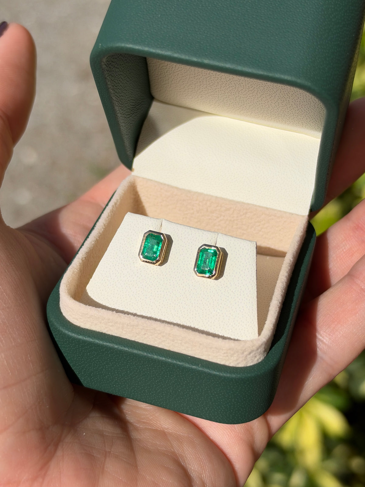 14K natural emerald cut emerald stud earrings with bezel setting, 1.20tcw, from JR Colombian Emeralds.