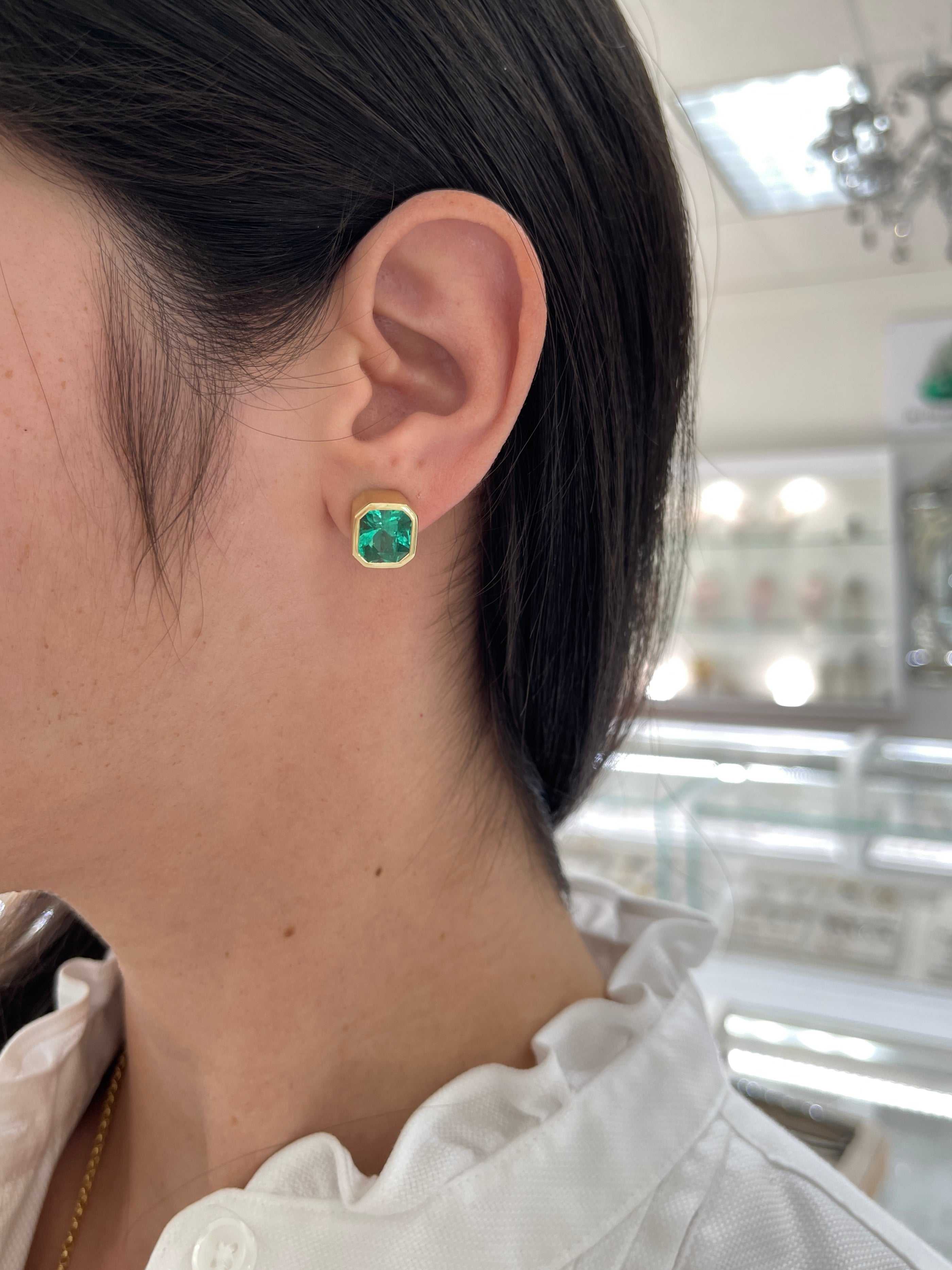 7.70tcw AAA+ Angelina Jolie Colombian Emerald Bezel Set Earrings