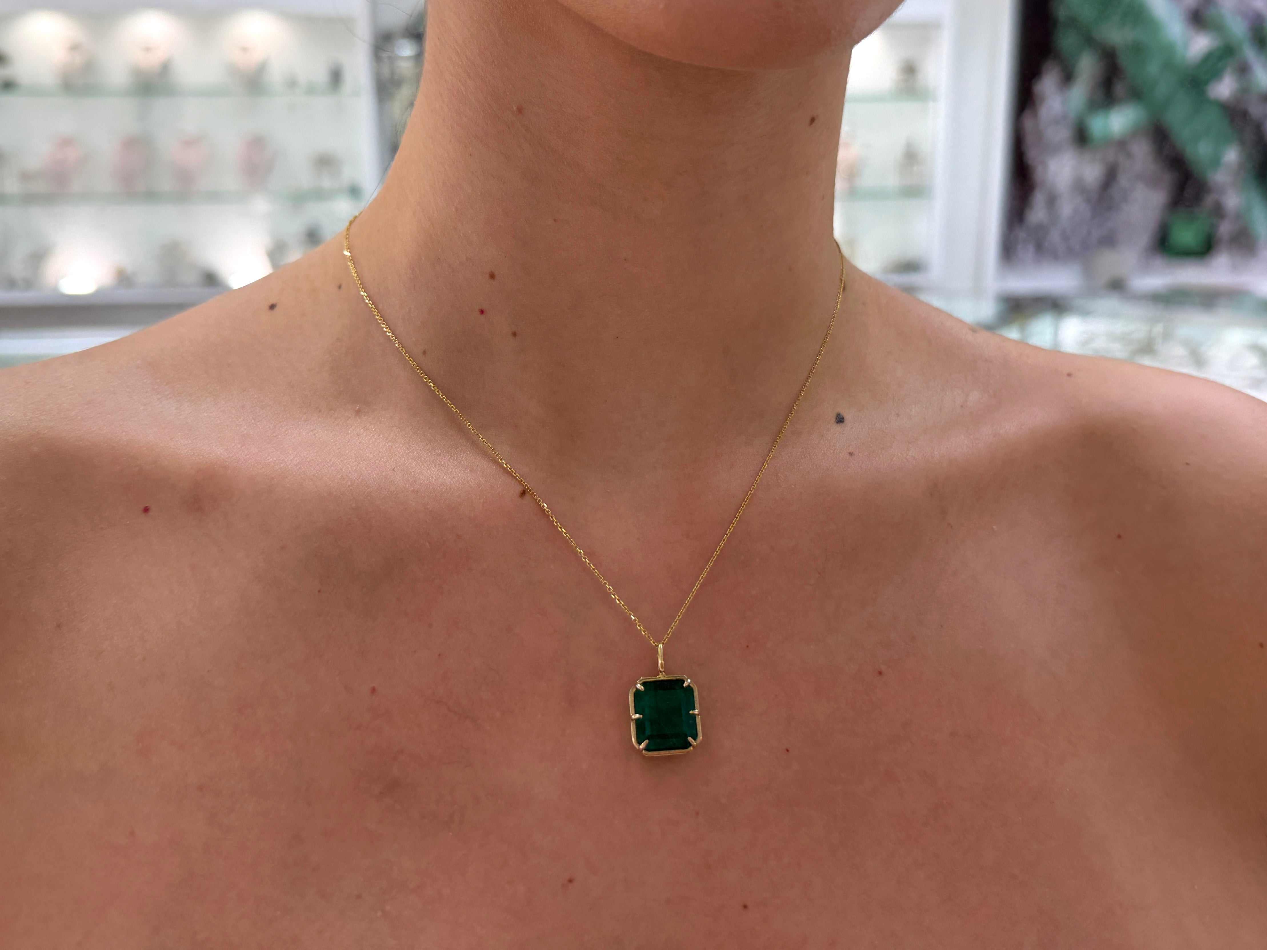 6.30 Carat Natural Dark Green Emerald Georgian Styled Solitaire Pendan