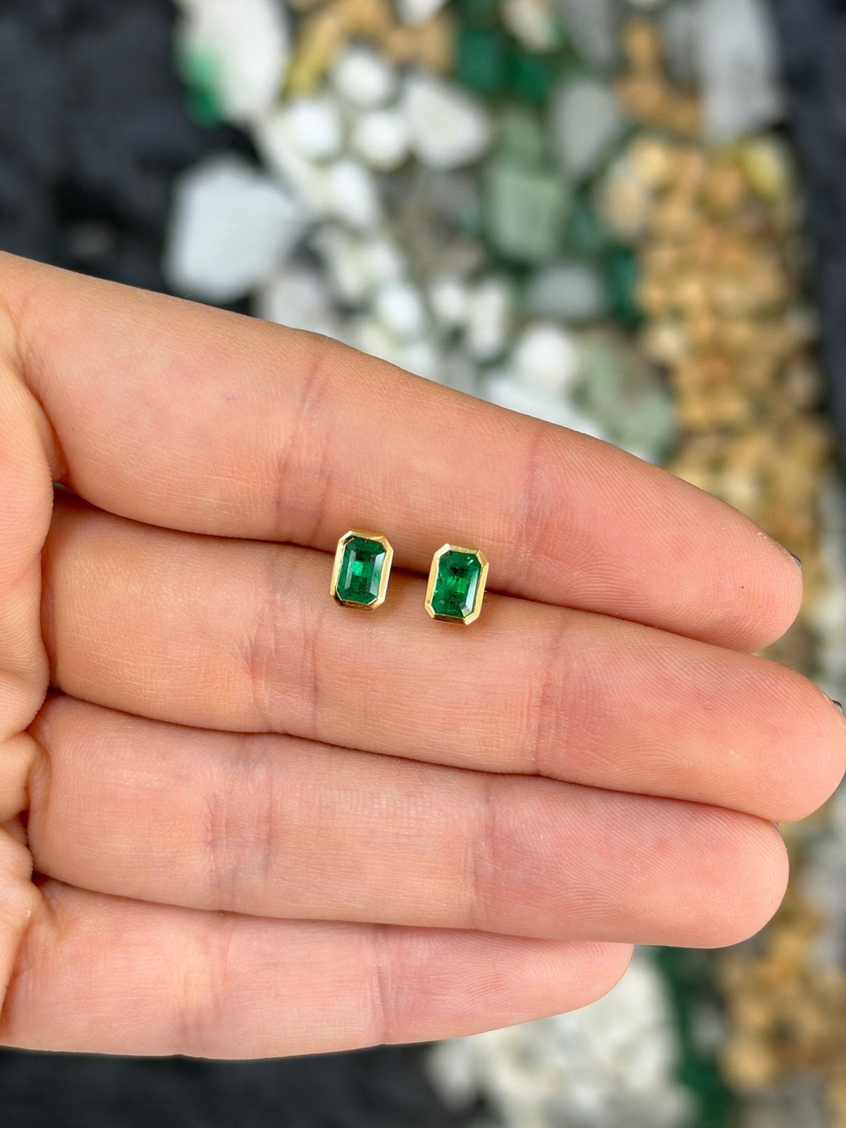 14K natural emerald cut emerald stud earrings with bezel setting, 1.20tcw from JR Colombian Emeralds.