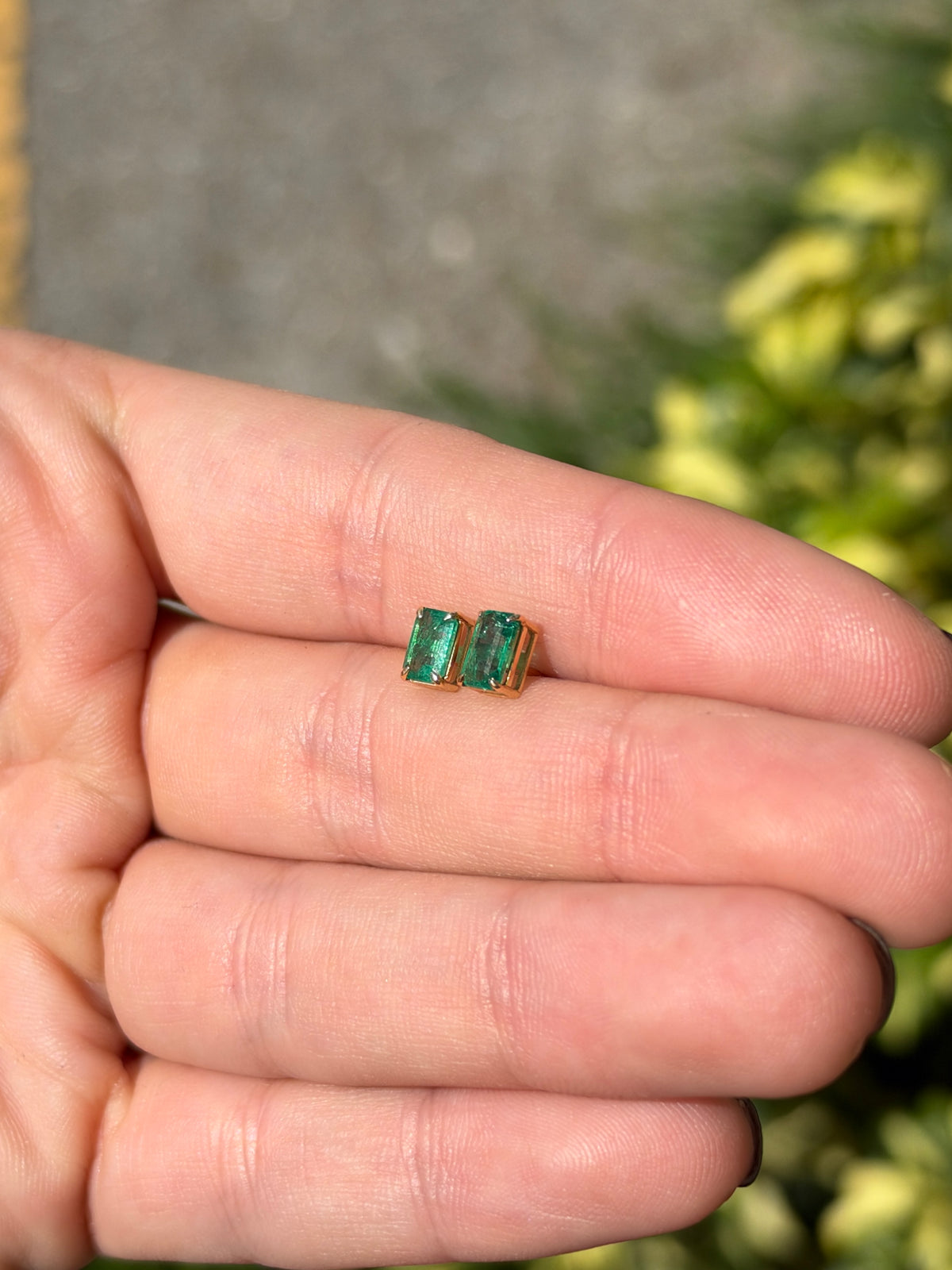 Medium green Zambian emerald cut stud earrings with 1.0tcw in 14K gold by JR Colombian Emeralds.