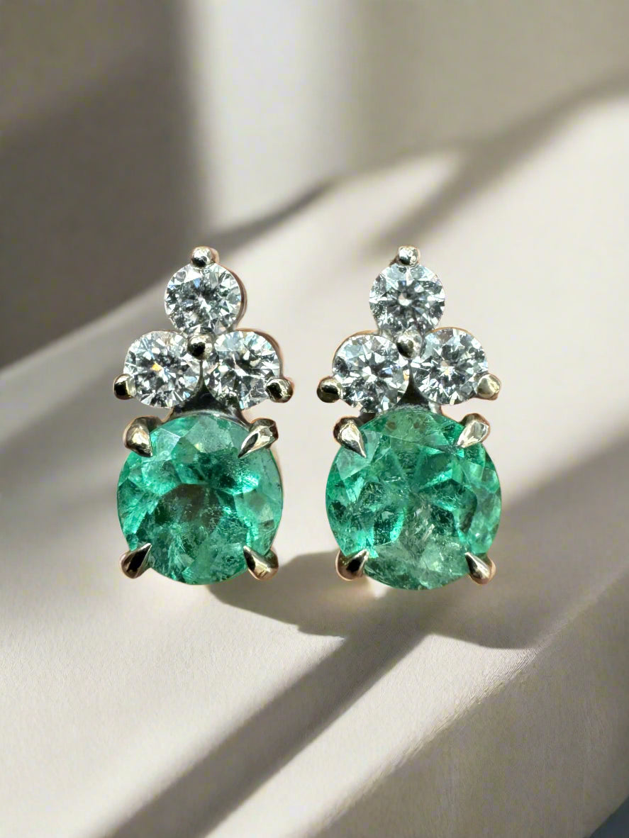 Colombian Emerald & Diamond Trio Stud Earrings in 14K White Gold Natural Green Gemstone Jewelry