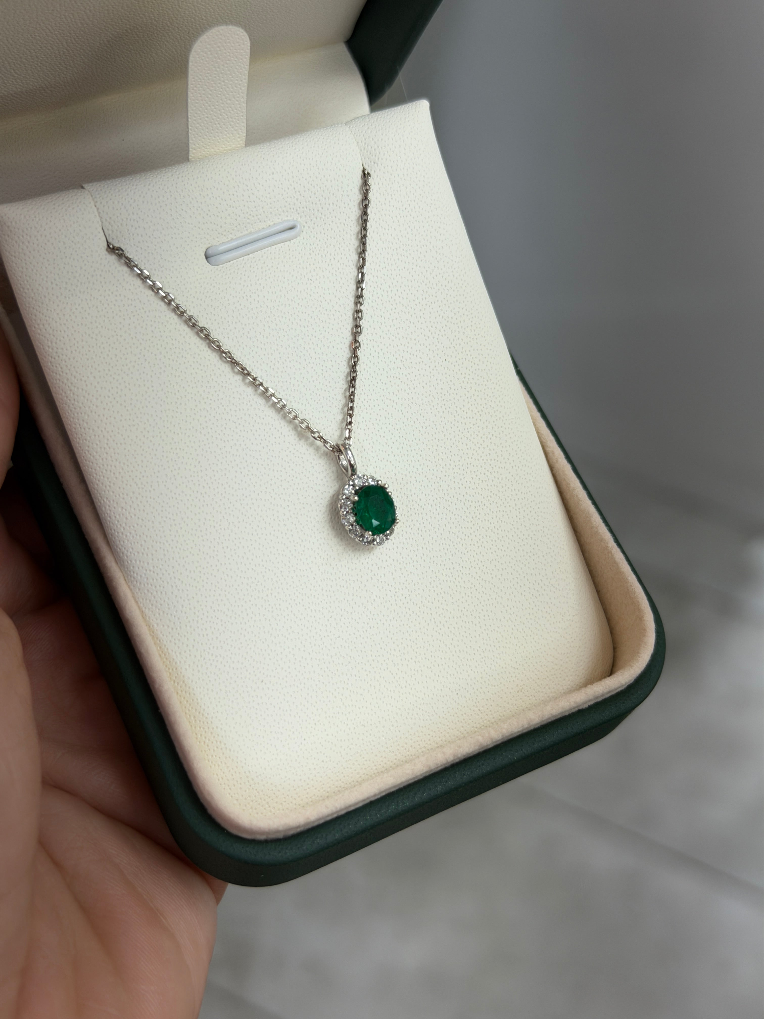 1.01tcw AAA+ Oval Colombian Emerald & Diamond Halo White Gold Necklace 14K