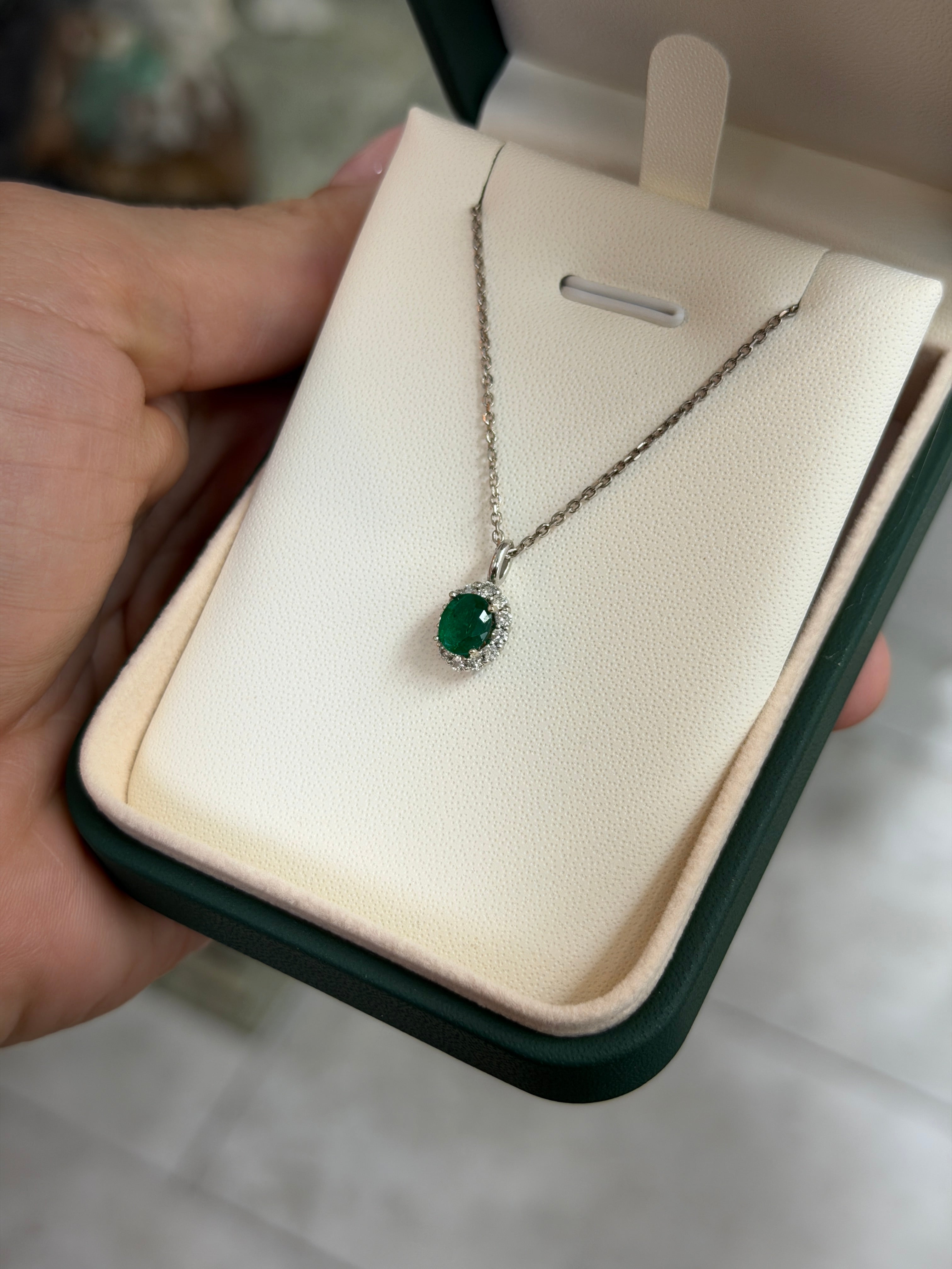 1.01tcw AAA+ Oval Colombian Emerald & Diamond Halo White Gold Necklace 14K