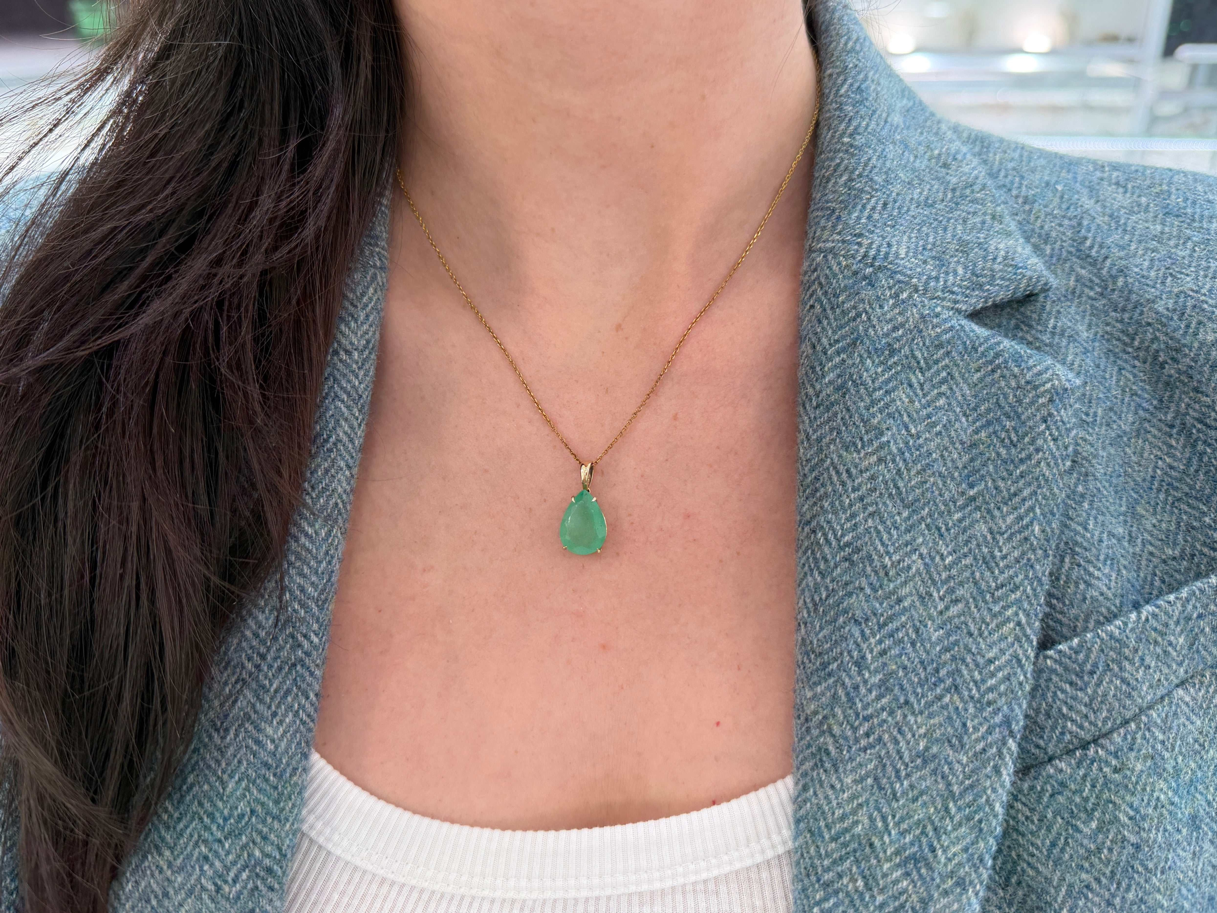 8.20 Carat Earthy Colombian Emerald Teardrop Solitaire Necklace 14K Gold - JR Colombian Emeralds