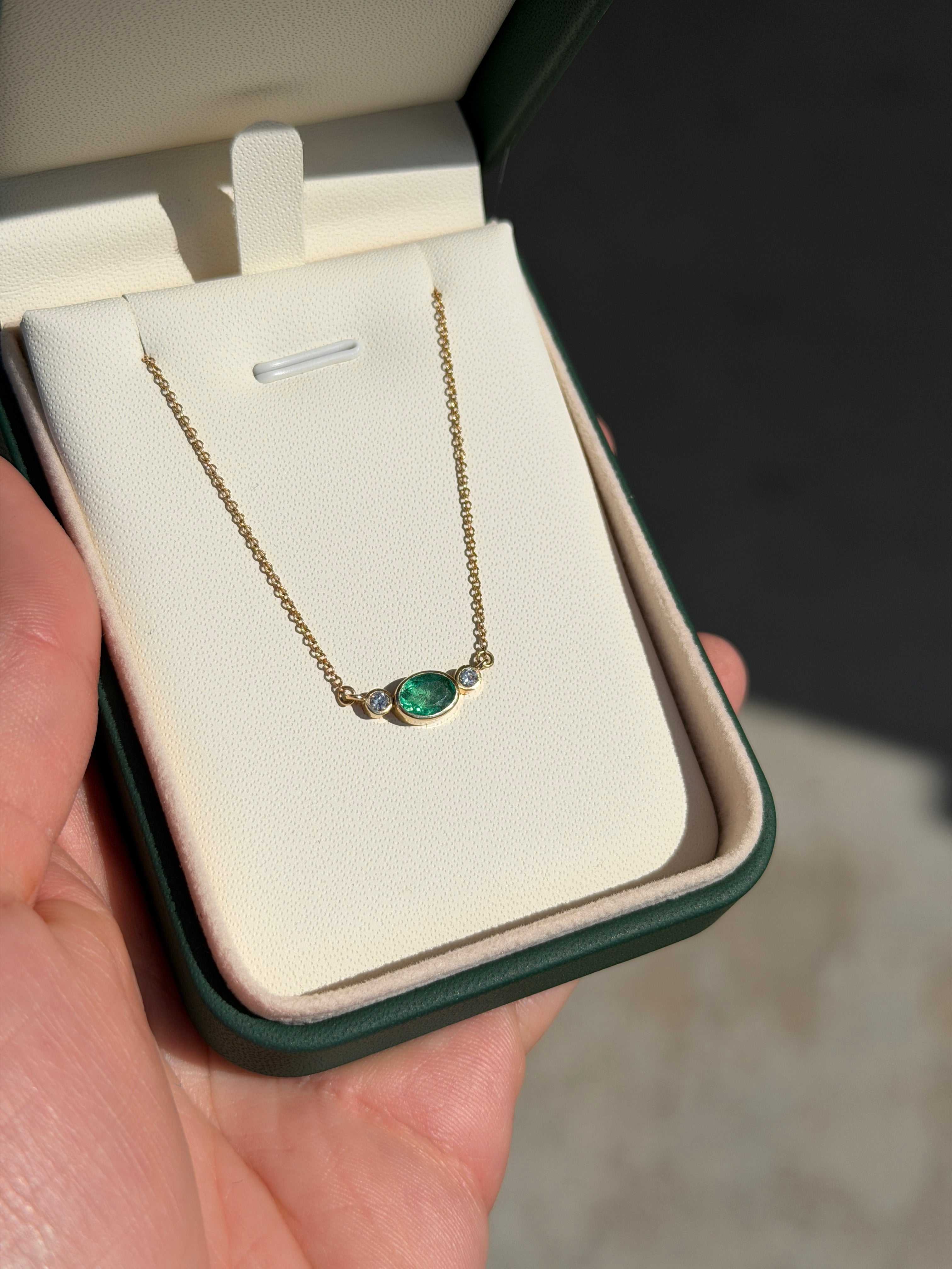1.0tcw Everyday East-West Oval Emerald & Diamond Bezel Three Stone Necklace 14K