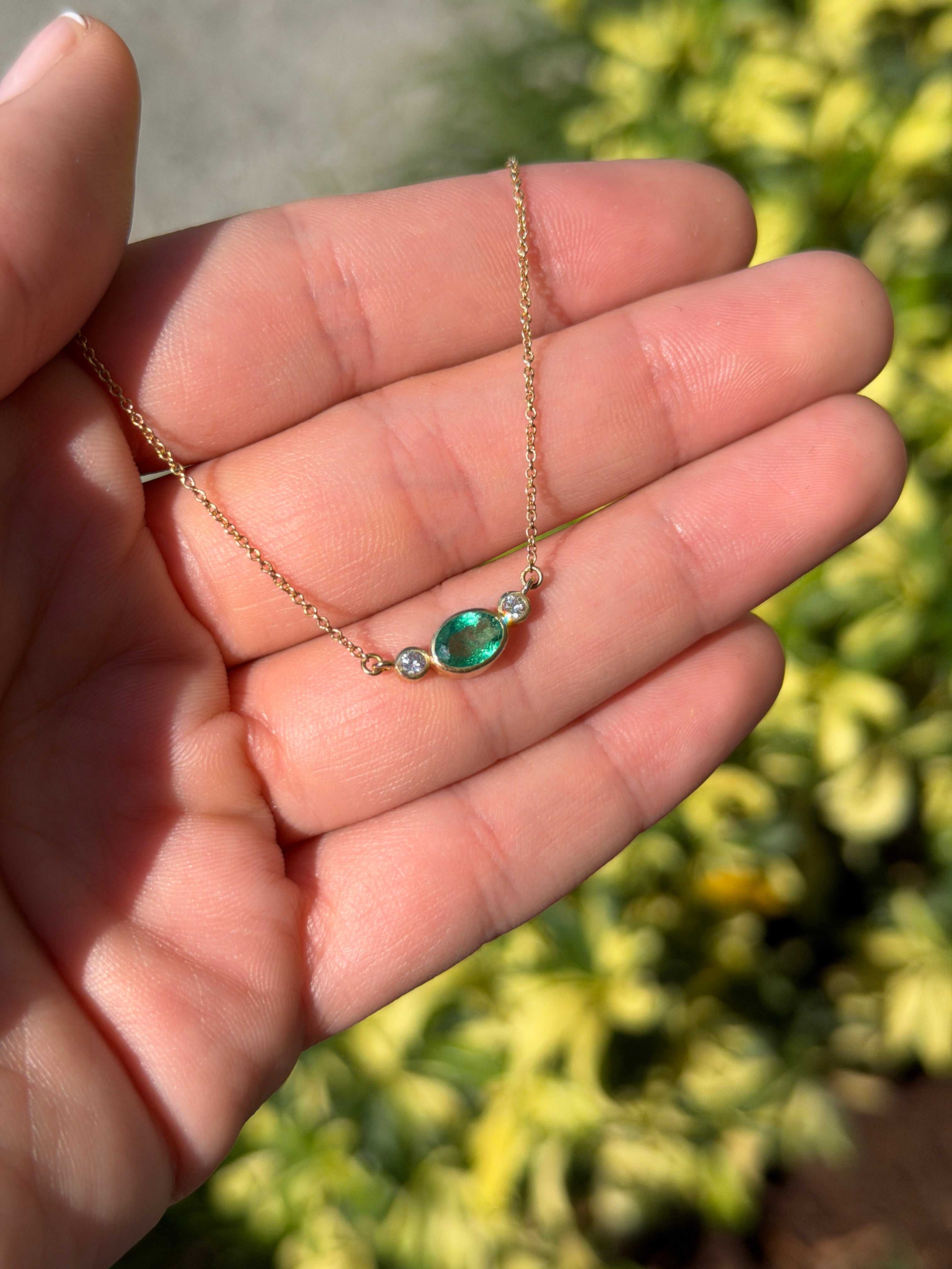 1.0tcw Everyday East-West Oval Emerald & Diamond Bezel Three Stone Necklace 14K